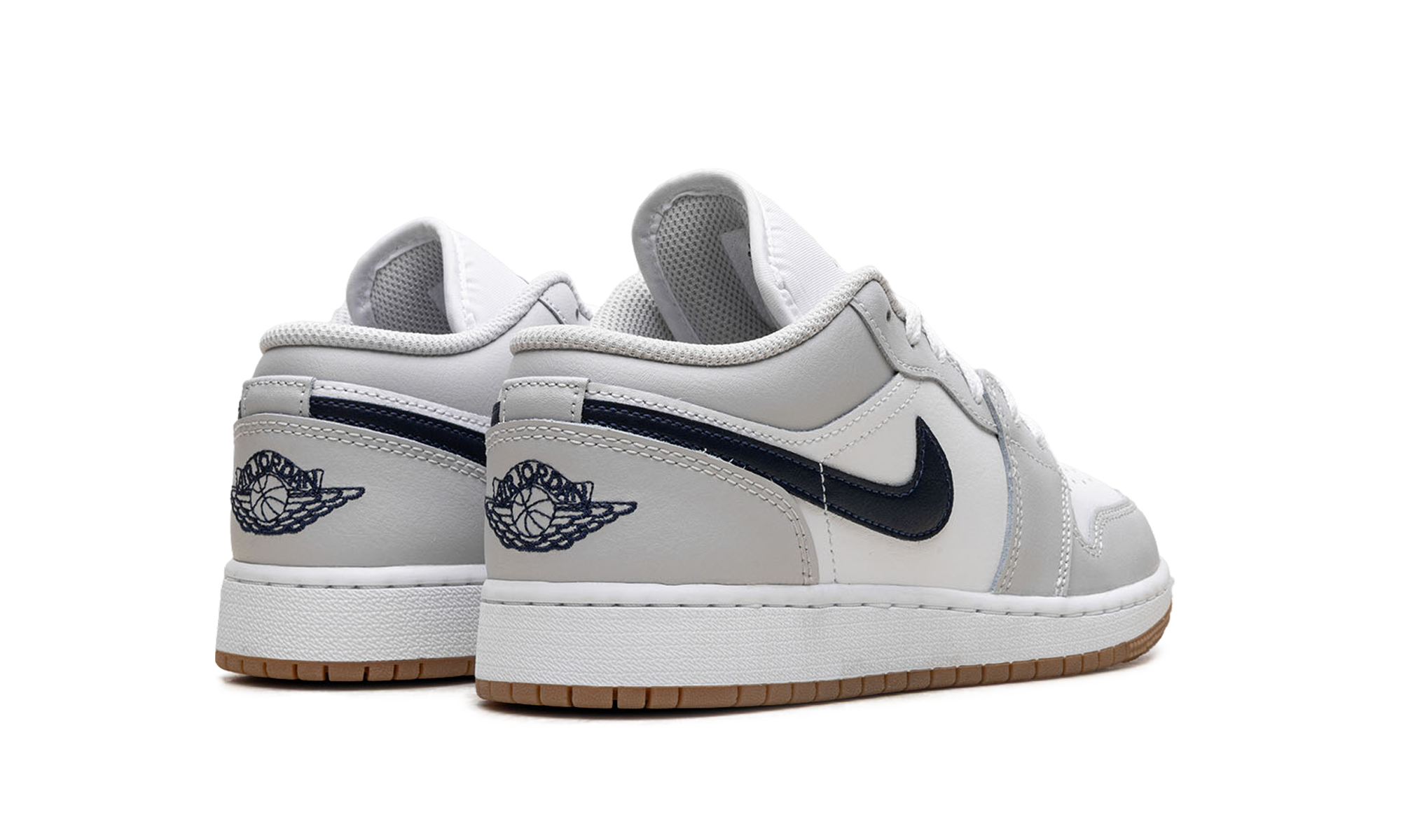 jordan 1 low white neutral grey gum midnight navy gs+553560-146+diagnol right behind view