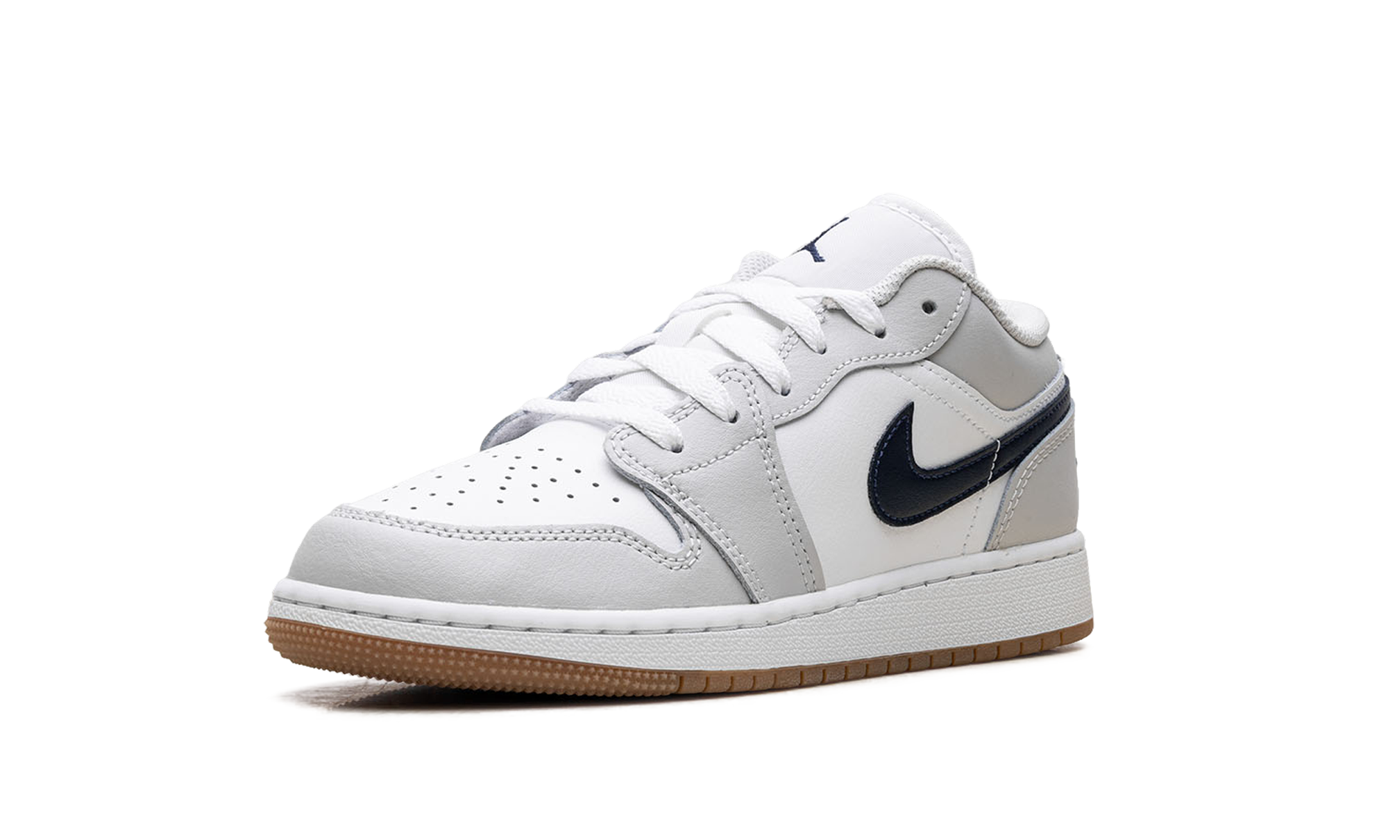 jordan 1 low white neutral grey gum midnight navy gs+553560-146+left diagnol single view
