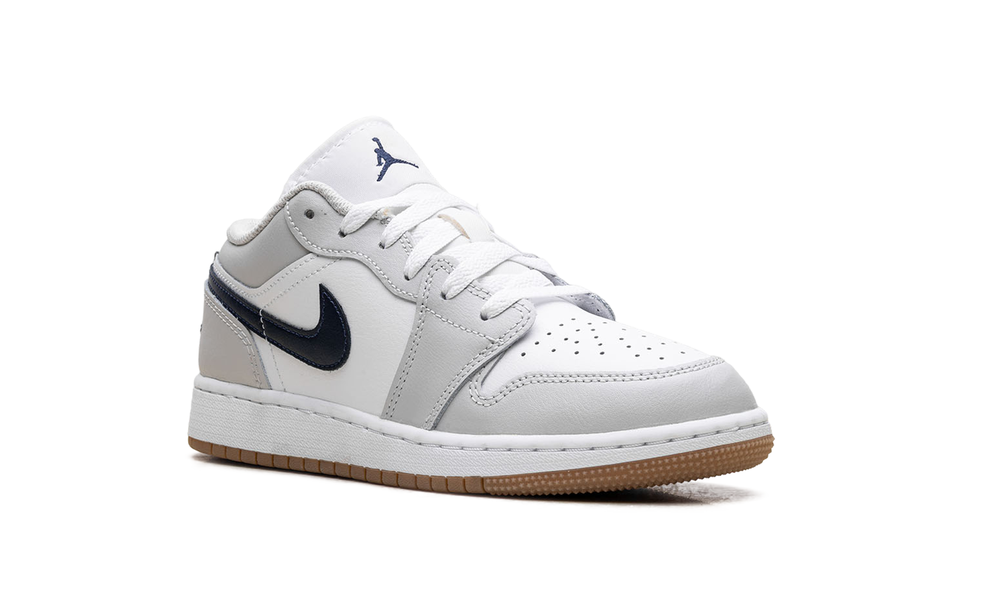 jordan 1 low white neutral grey gum midnight navy gs+553560-146+diagnol right view