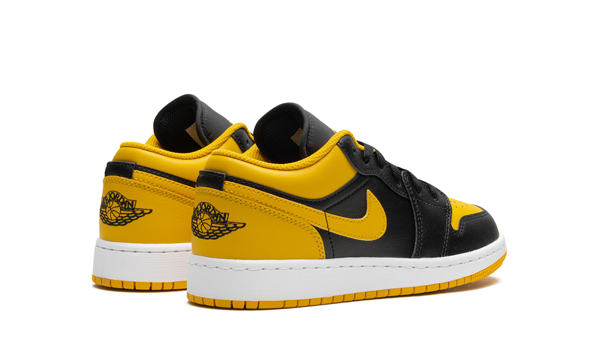 jordan 1 low yellow ochre gs+553560-072+diagnol right behind view