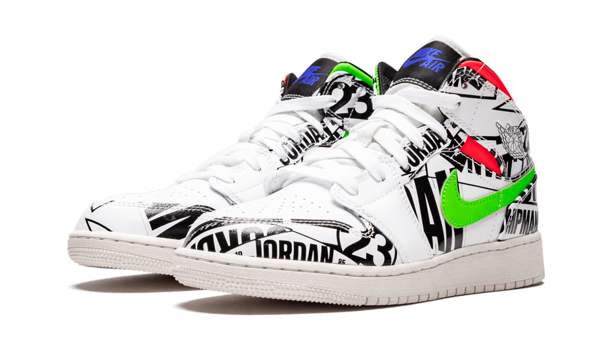 jordan 1 mid all over logos gs+554725-143+diagnol left view