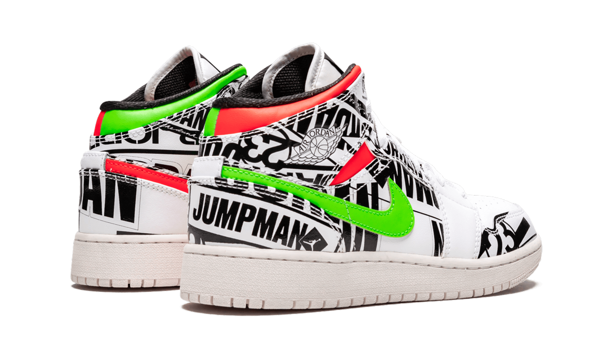 jordan 1 mid all over logos gs+554725-143+diagnol right behind view