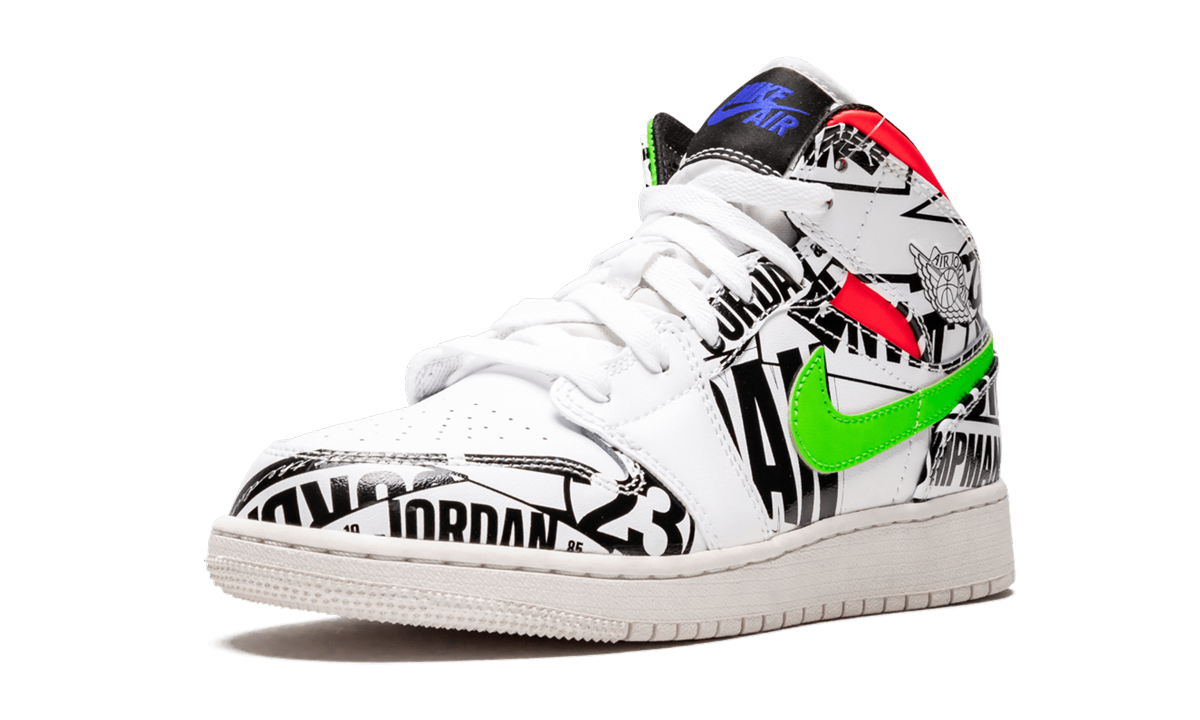 jordan 1 mid all over logos gs+554725-143+left diagnol single view