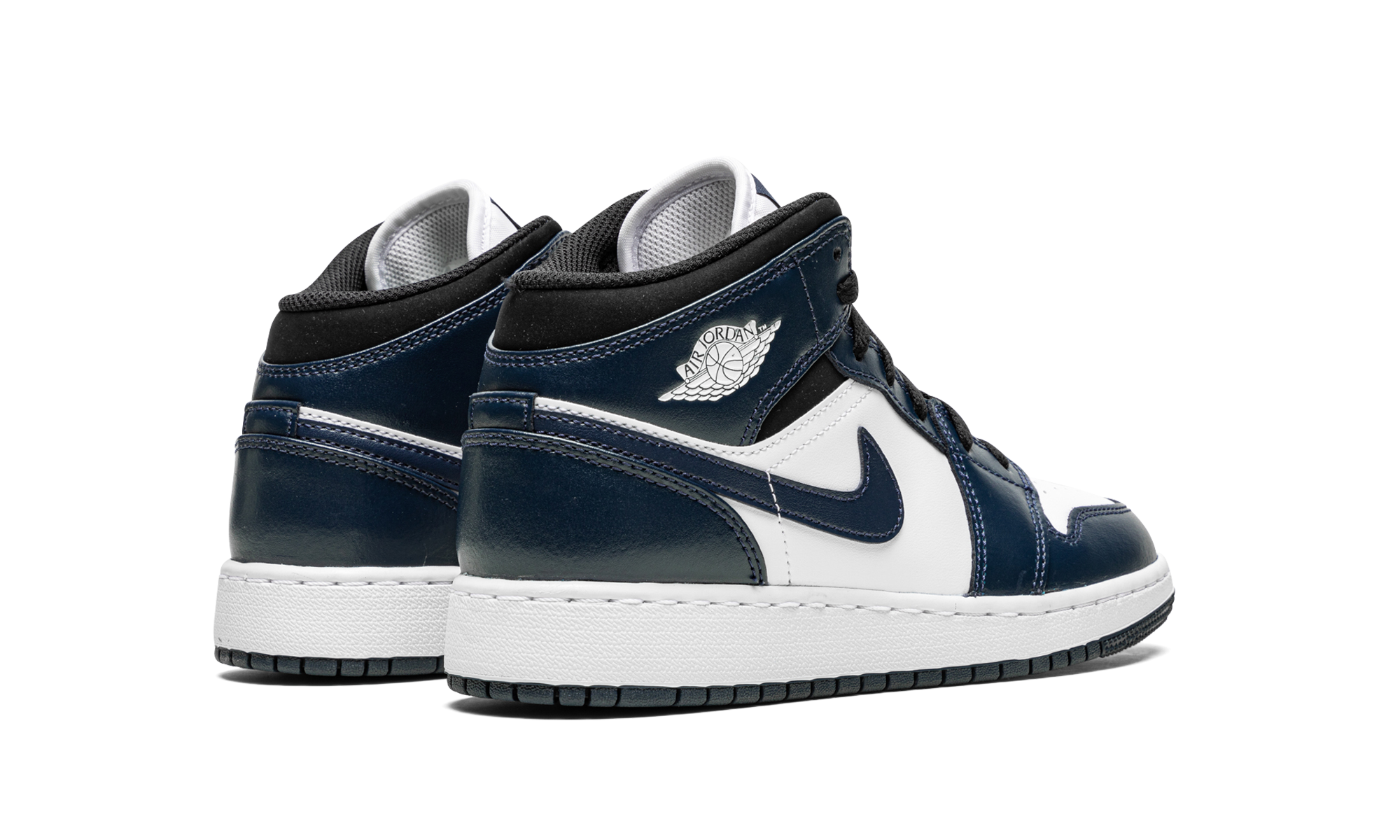 jordan 1 mid armory navy gs+554725-411+diagnol right behind view