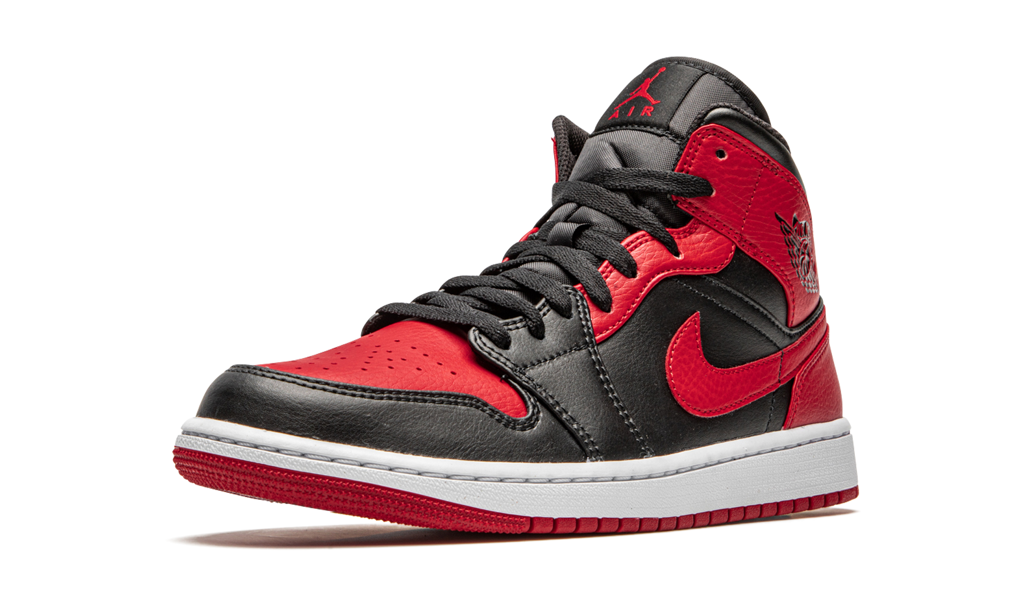 jordan 1 mid banned 2020+554724-074+left diagnol single view
