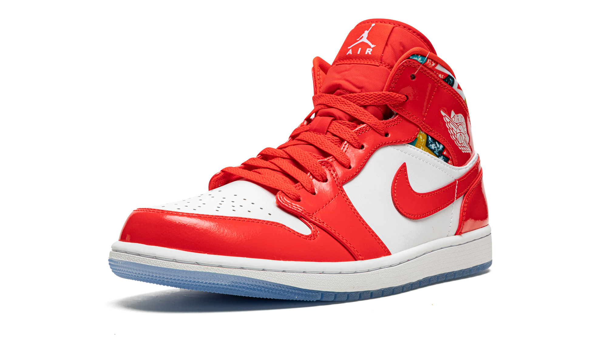 jordan 1 mid barcelona sweater red patent+DC7294-600+left diagnol single view