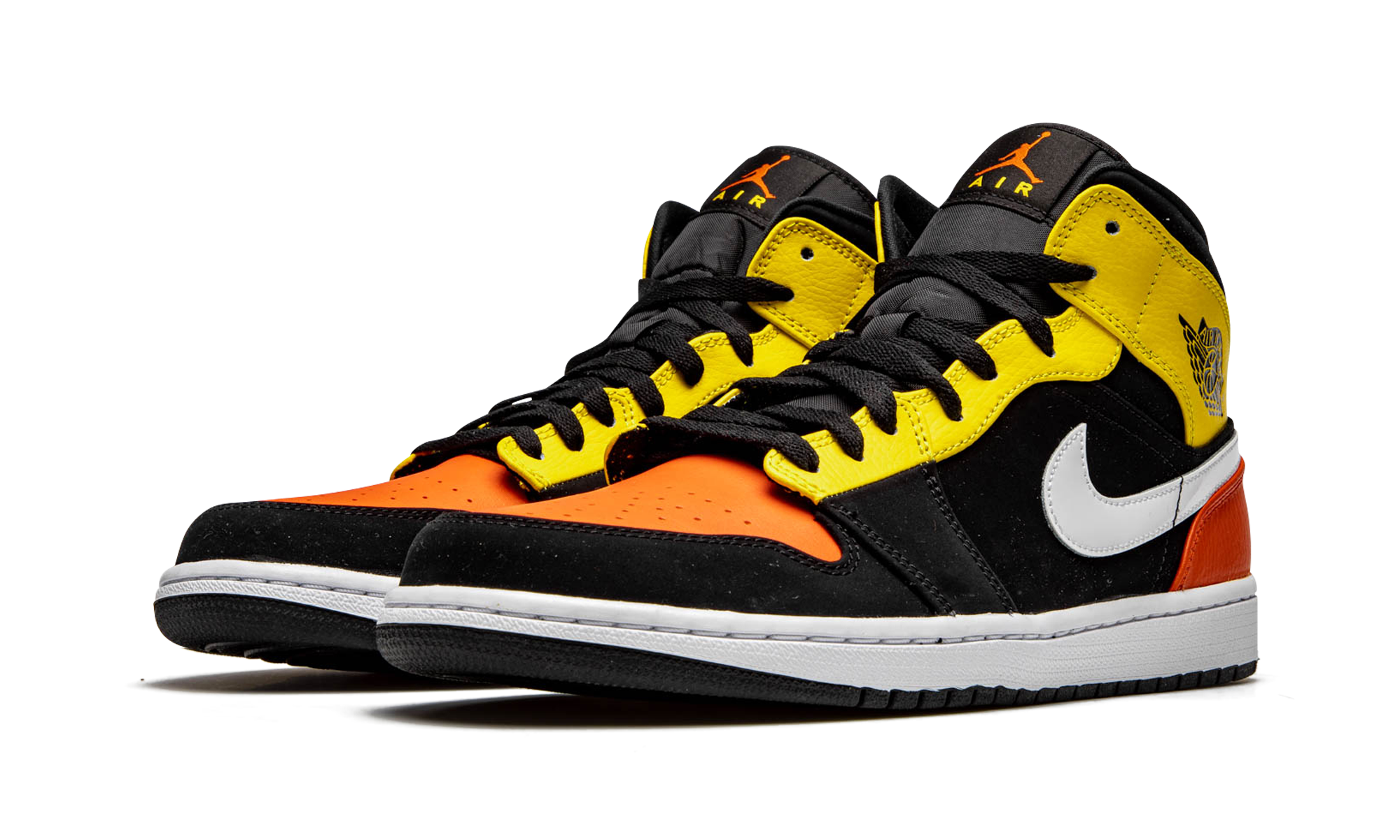 jordan 1 mid black amarillo orange+852542-087+diagnol left view