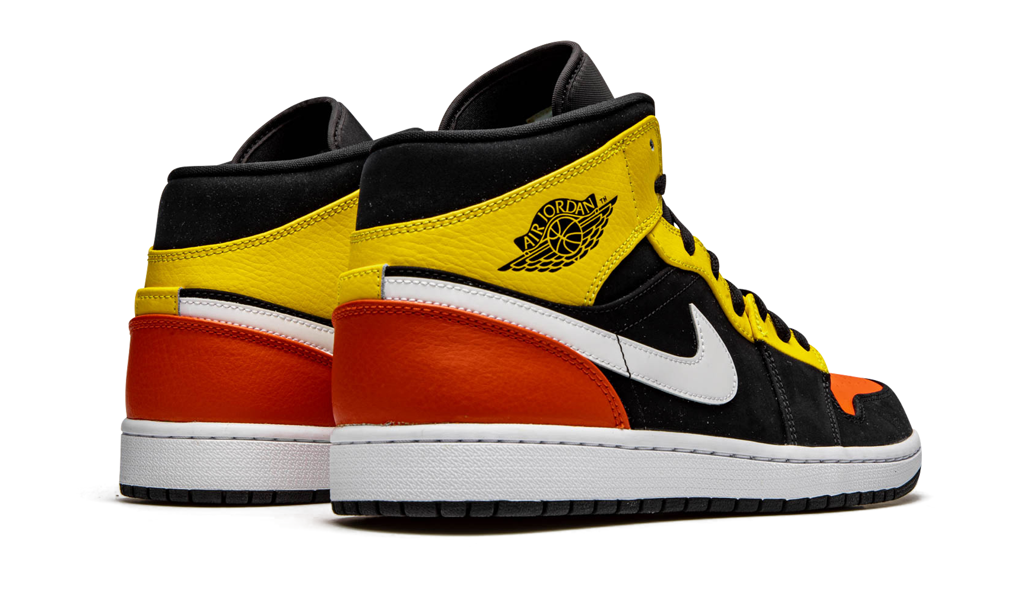 jordan 1 mid black amarillo orange+852542-087+diagnol right behind view