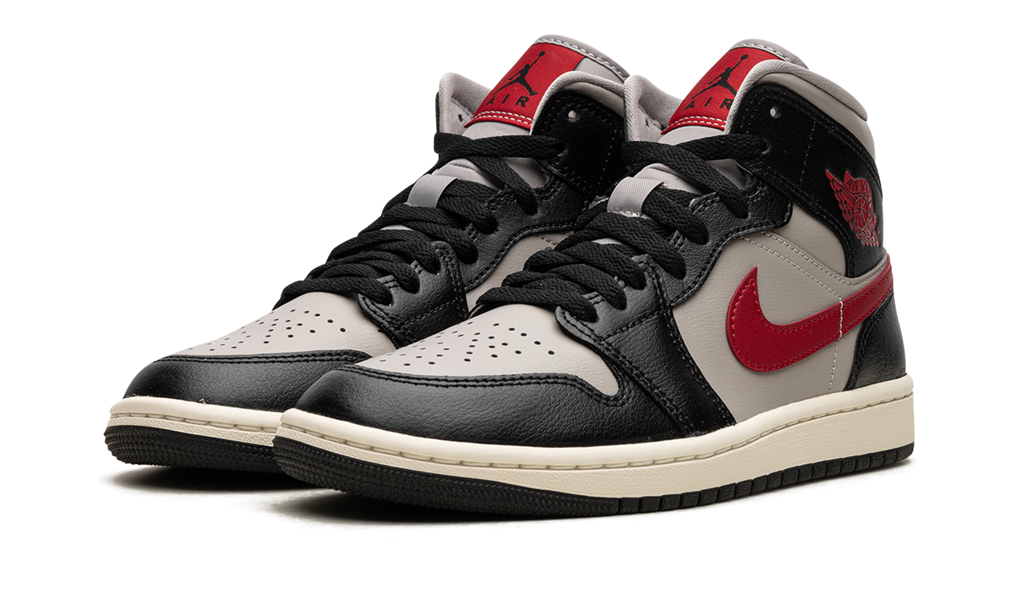 jordan 1 mid black college grey gym red women s+BQ6472-060+diagnol left view