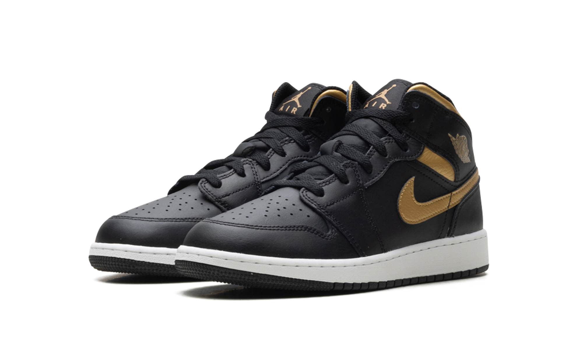 jordan 1 mid black metallic gold swoosh gs+DQ8423-071+diagnol left view