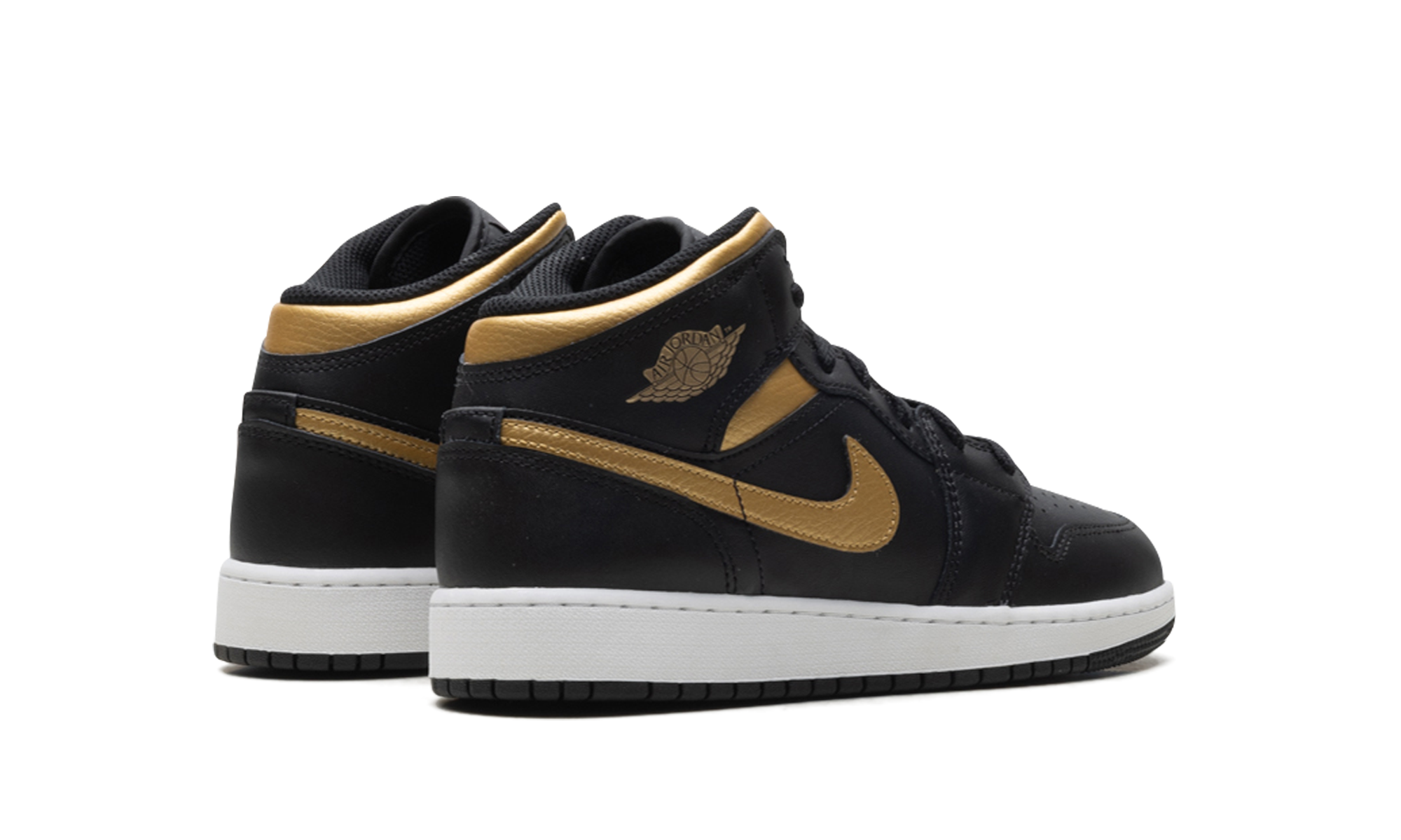 jordan 1 mid black metallic gold swoosh gs+DQ8423-071+diagnol right behind view