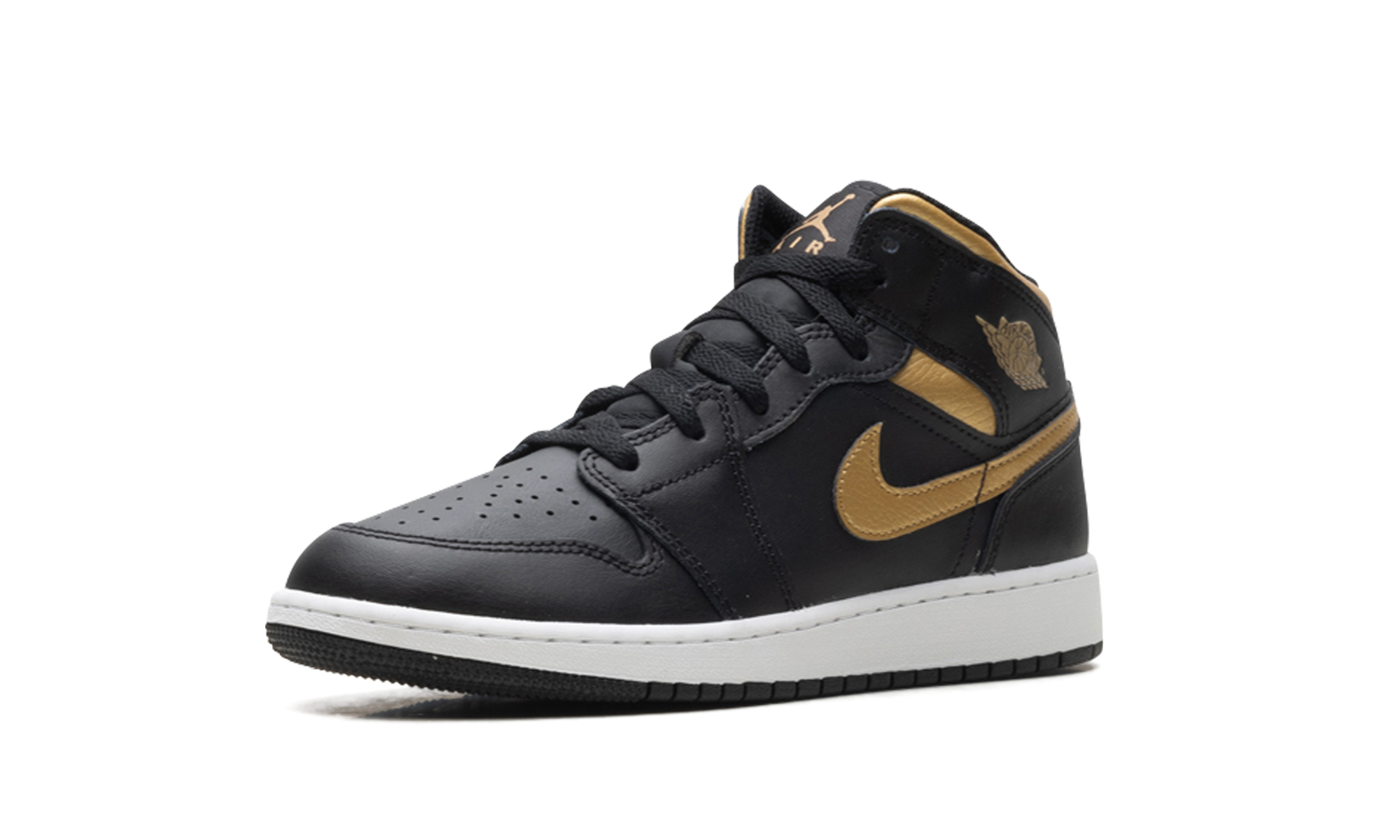 jordan 1 mid black metallic gold swoosh gs+DQ8423-071+left diagnol single view