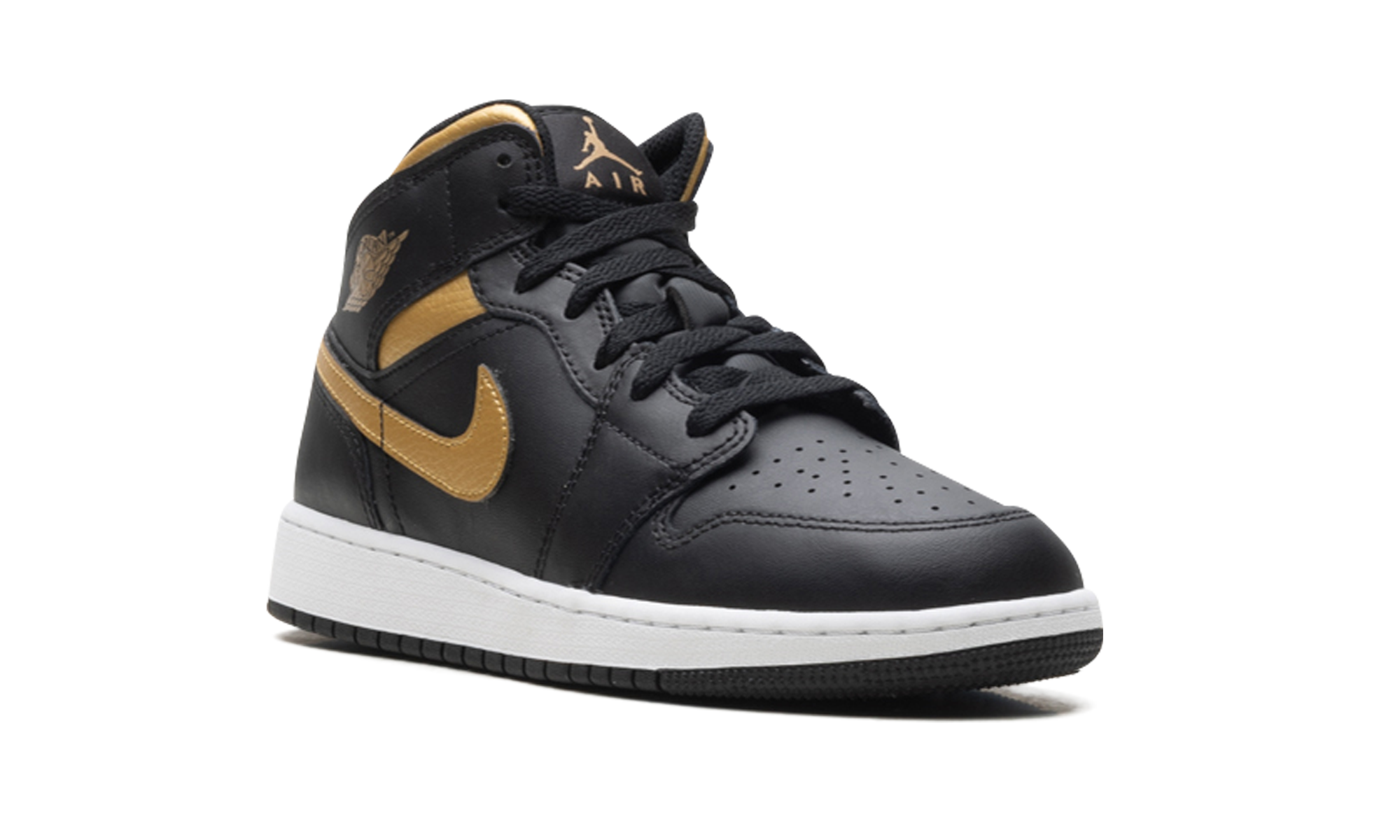 jordan 1 mid black metallic gold swoosh gs+DQ8423-071+diagnol right view