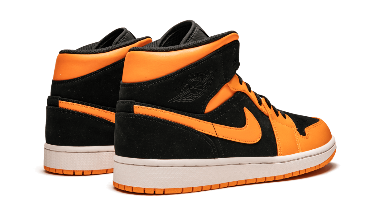 jordan 1 mid black orange peel+554724-081+diagnol right behind view