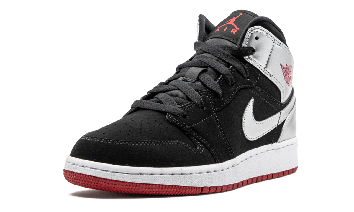 jordan 1 mid black red silver gs+554725-057+left diagnol single view