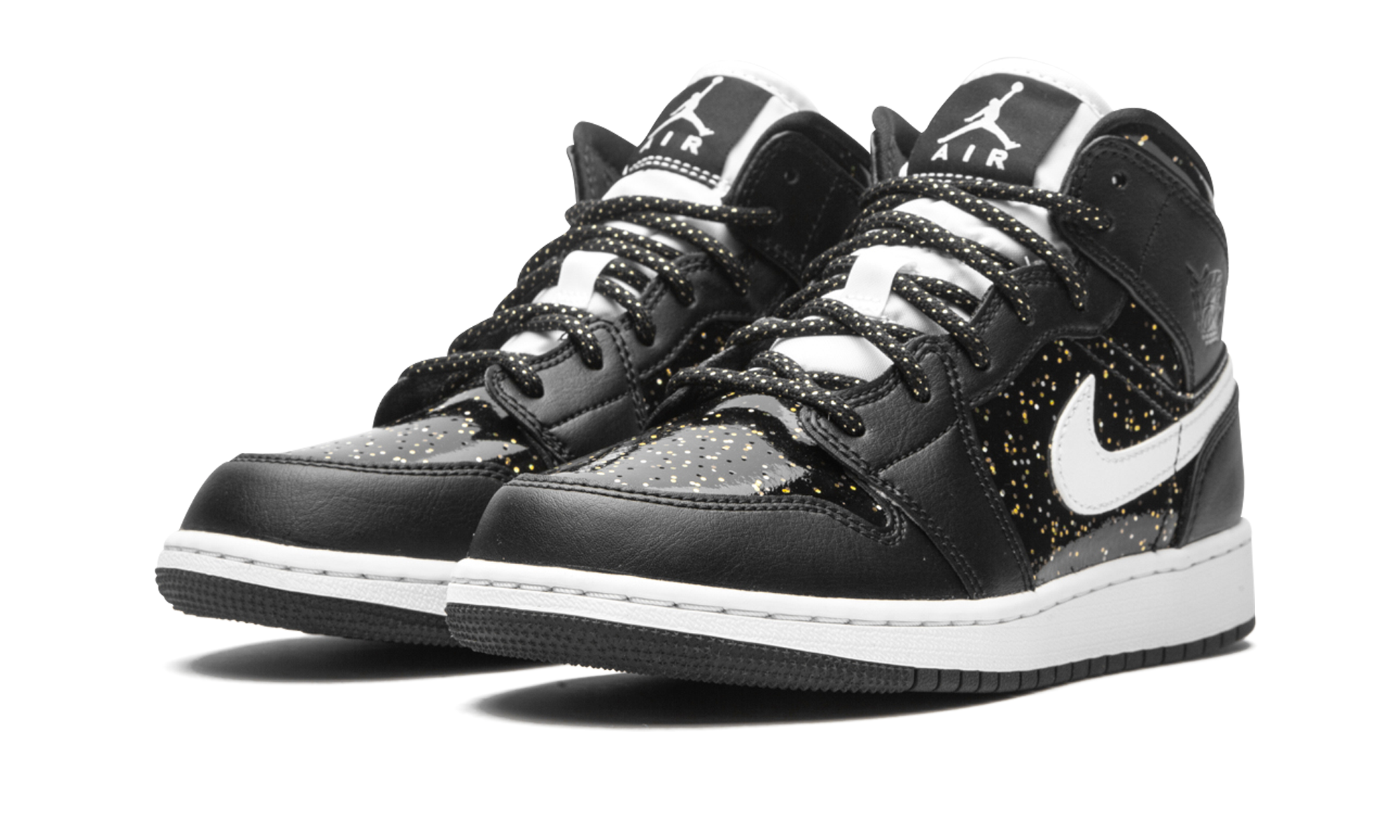 jordan 1 mid black speckle gs+AV5174-001+diagnol left view