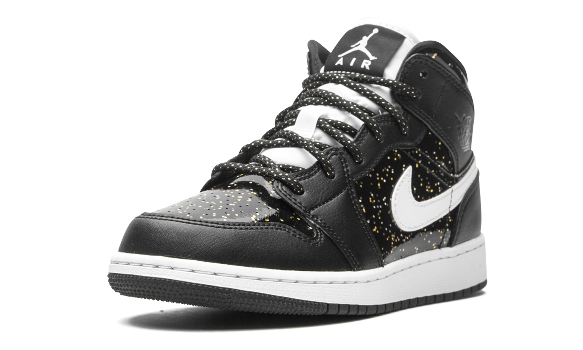 jordan 1 mid black speckle gs+AV5174-001+left diagnol single view