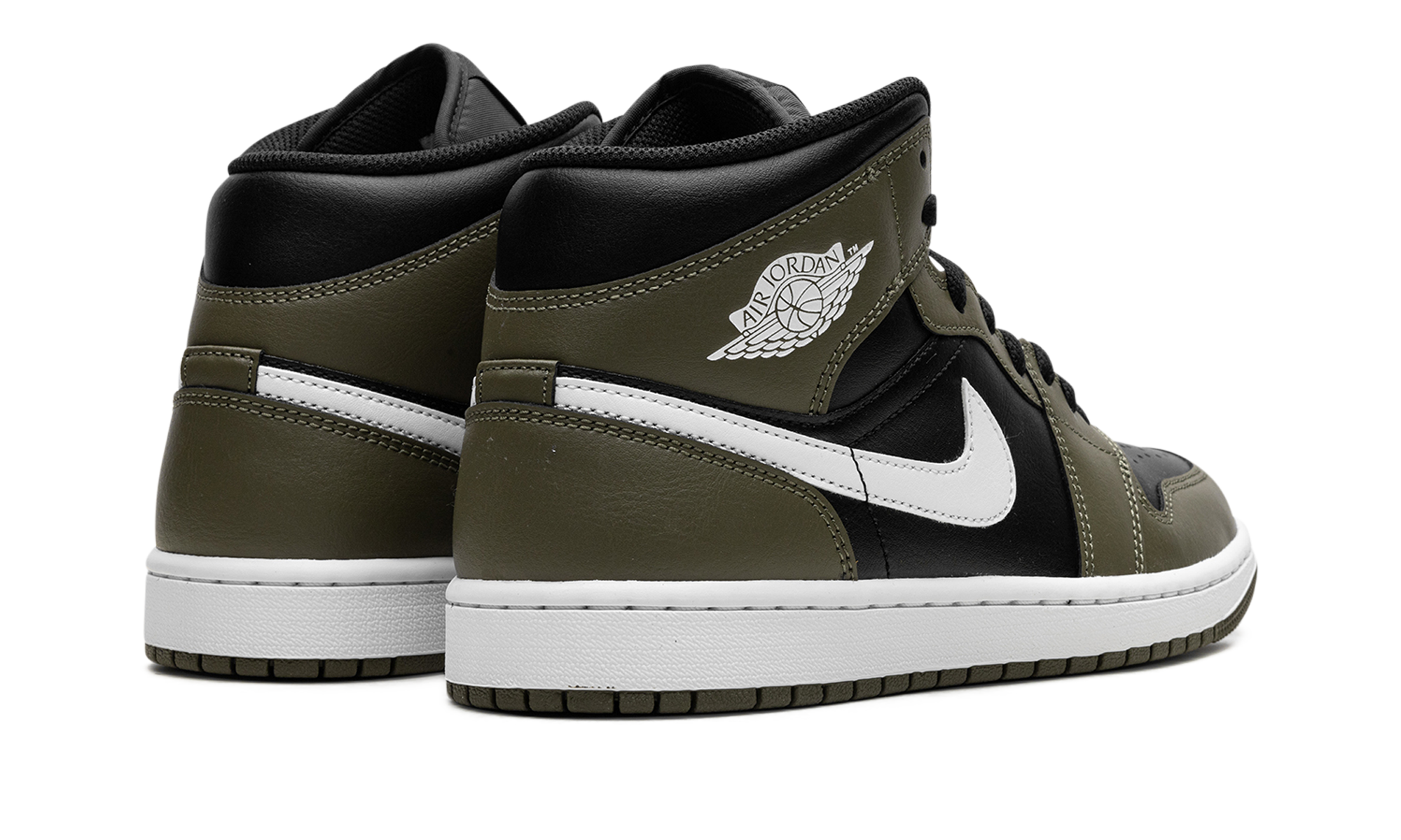 jordan 1 mid black white olive+DQ8426-092+diagnol right behind view
