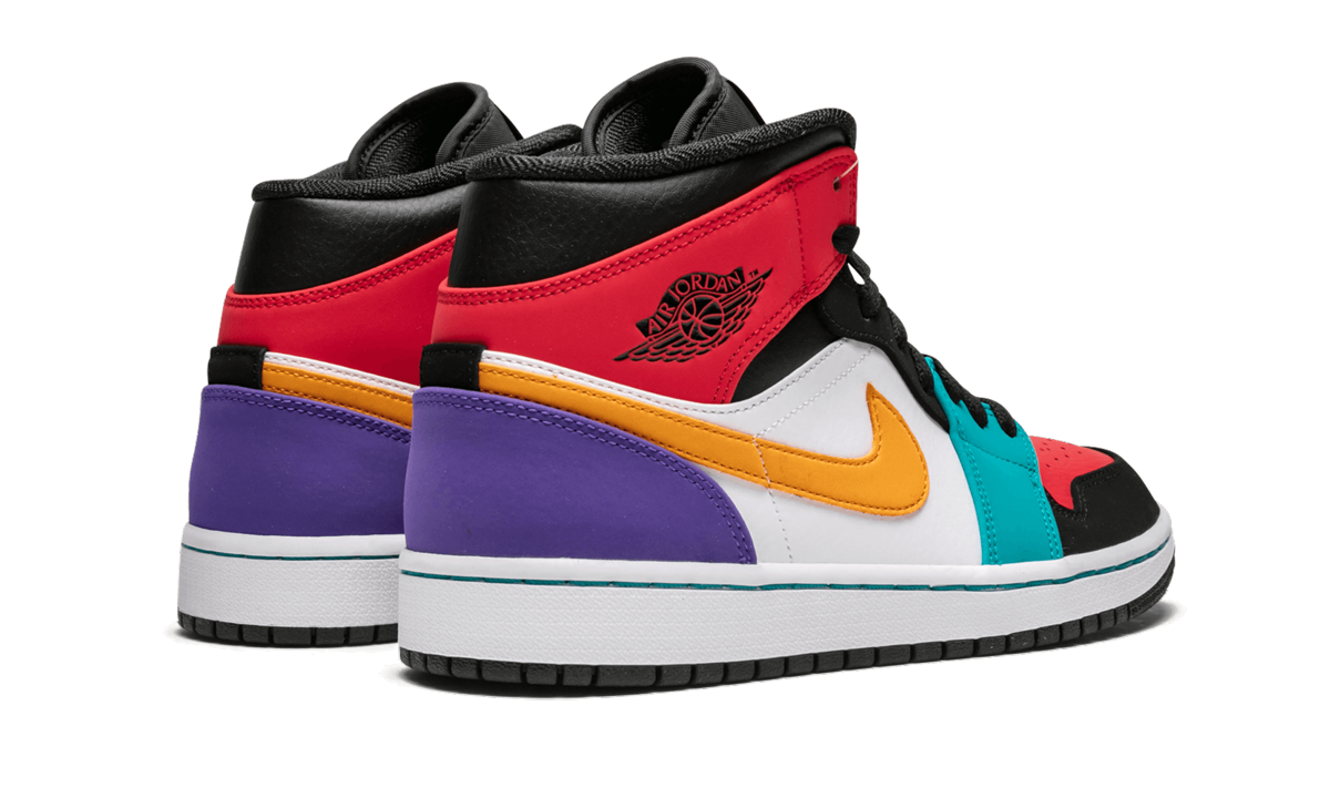 jordan 1 mid bred multi color+554724-125+diagnol right behind view