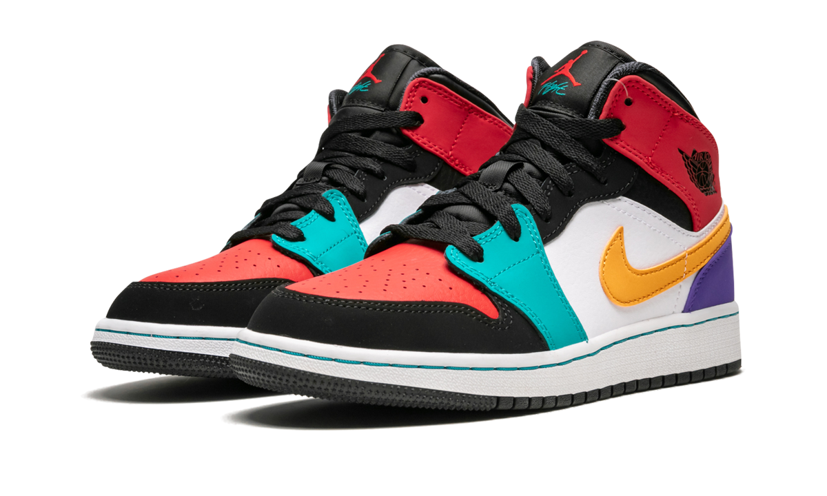 jordan 1 mid bred multi color gs+554725-125+diagnol left view