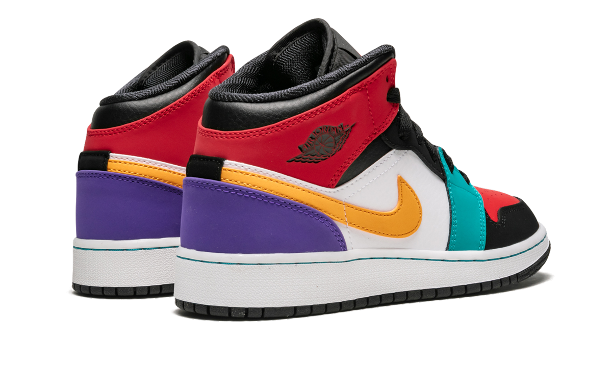 jordan 1 mid bred multi color gs+554725-125+diagnol right behind view