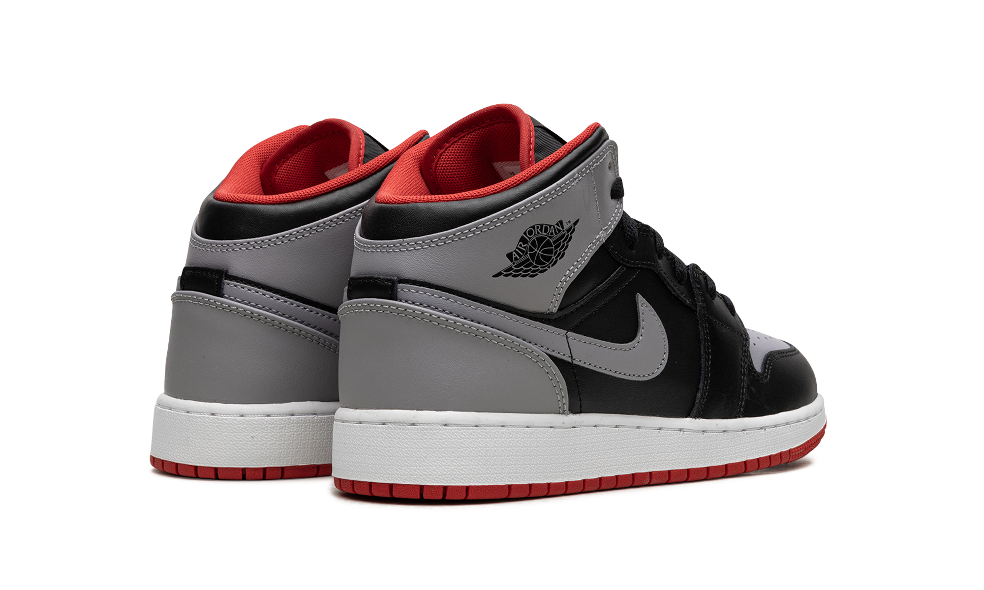 jordan 1 mid bred shadow gs+DQ8423-006+diagnol right behind view