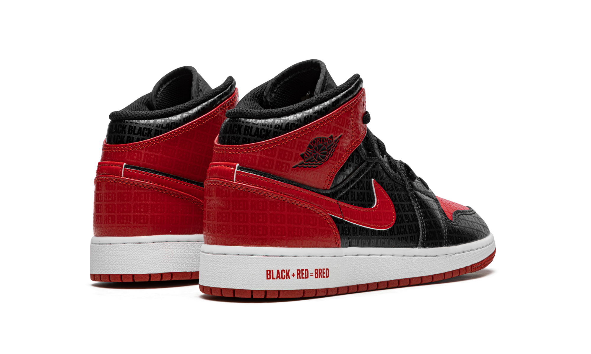 jordan 1 mid bred text gs+DM9650-001+diagnol right behind view