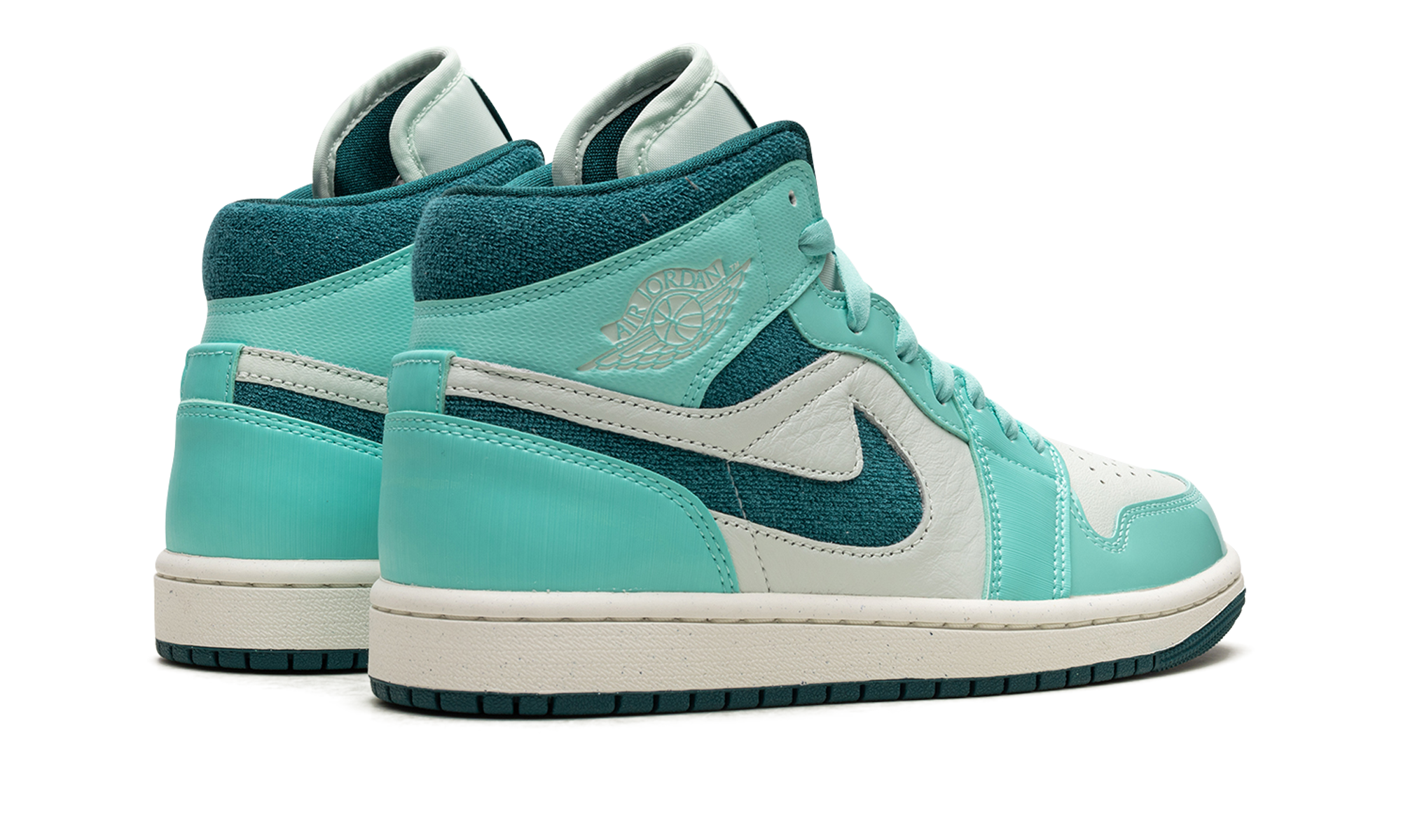 jordan 1 mid chenille bleached turquoise women s+DZ3745-300+diagnol right behind view