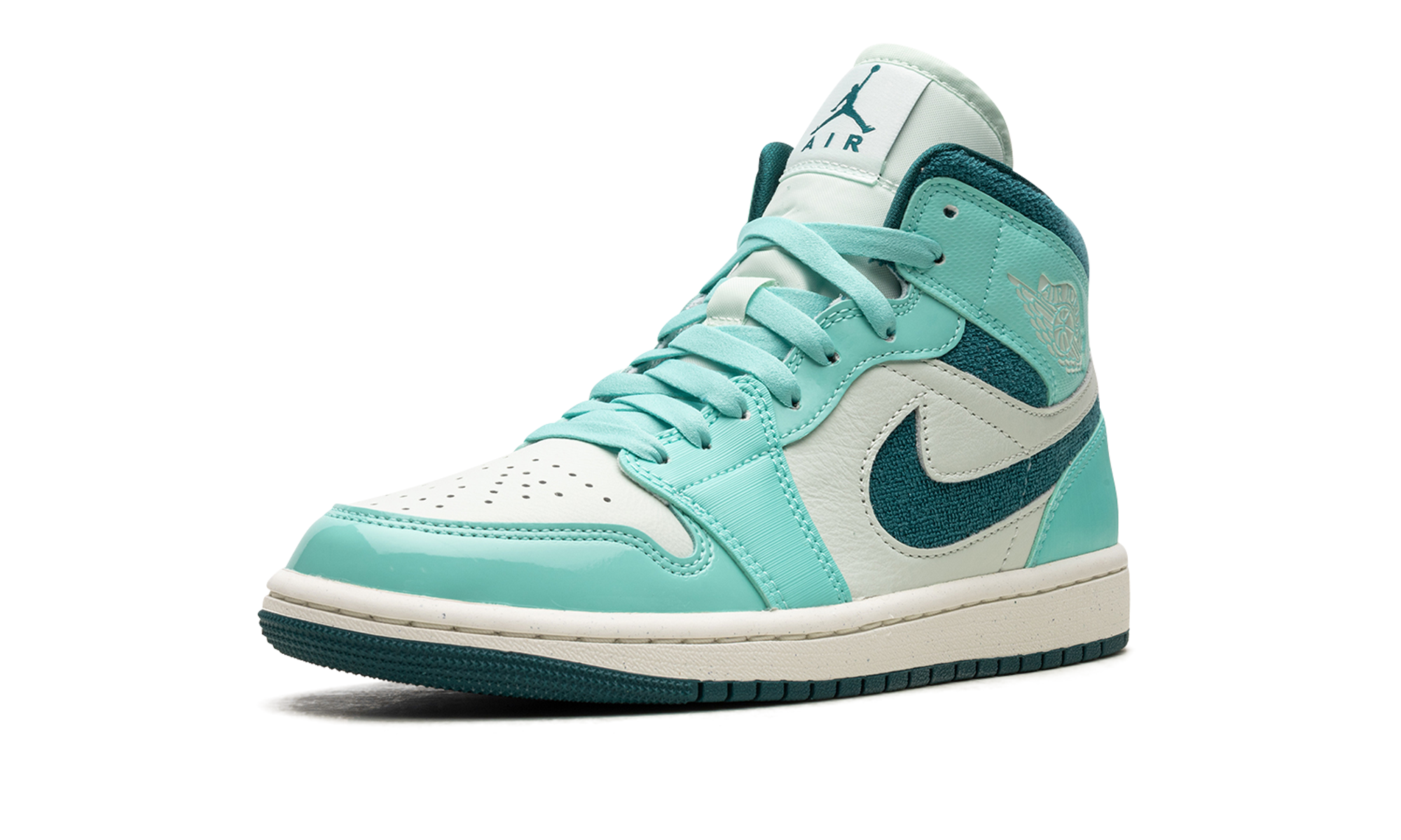 jordan 1 mid chenille bleached turquoise women s+DZ3745-300+left diagnol single view
