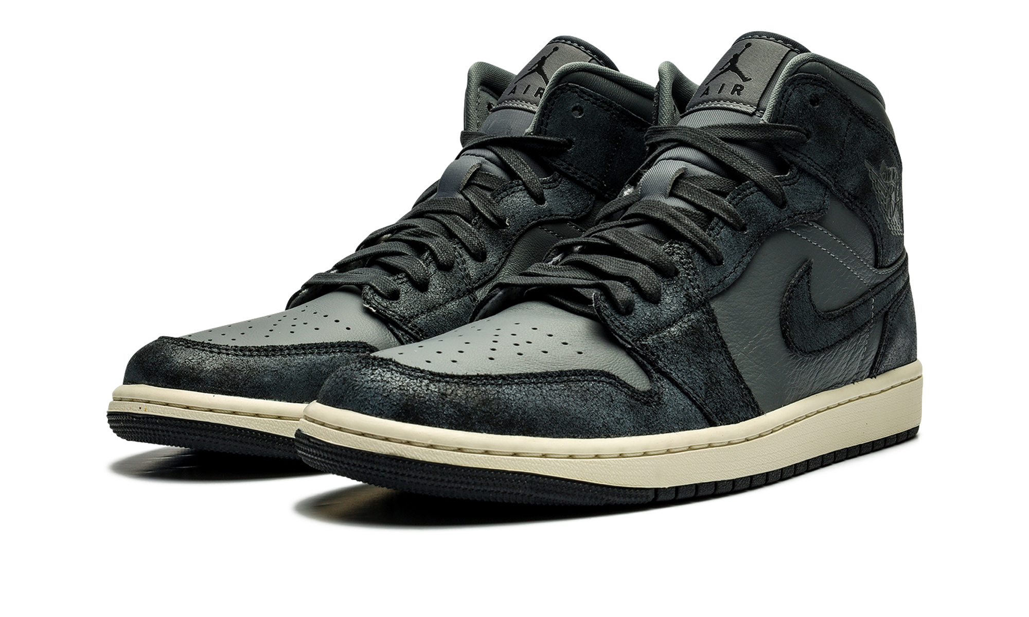 jordan 1 mid distressed smoke grey women s+FJ3448-001+diagnol left view