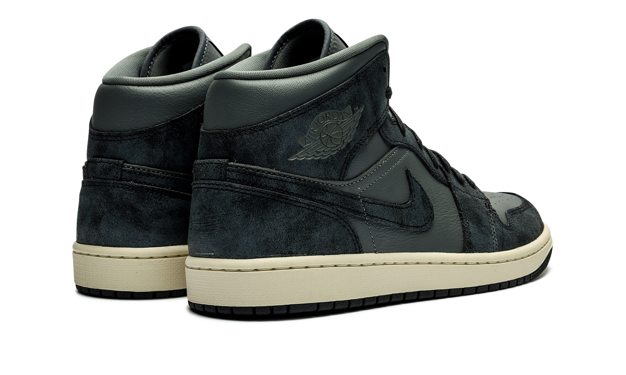 jordan 1 mid distressed smoke grey women s+FJ3448-001+diagnol right behind view