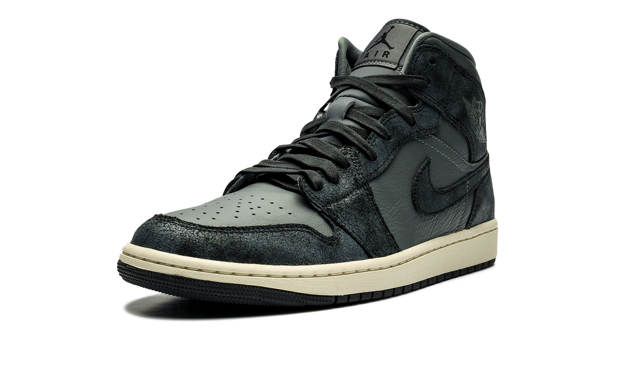 jordan 1 mid distressed smoke grey women s+FJ3448-001+left diagnol single view