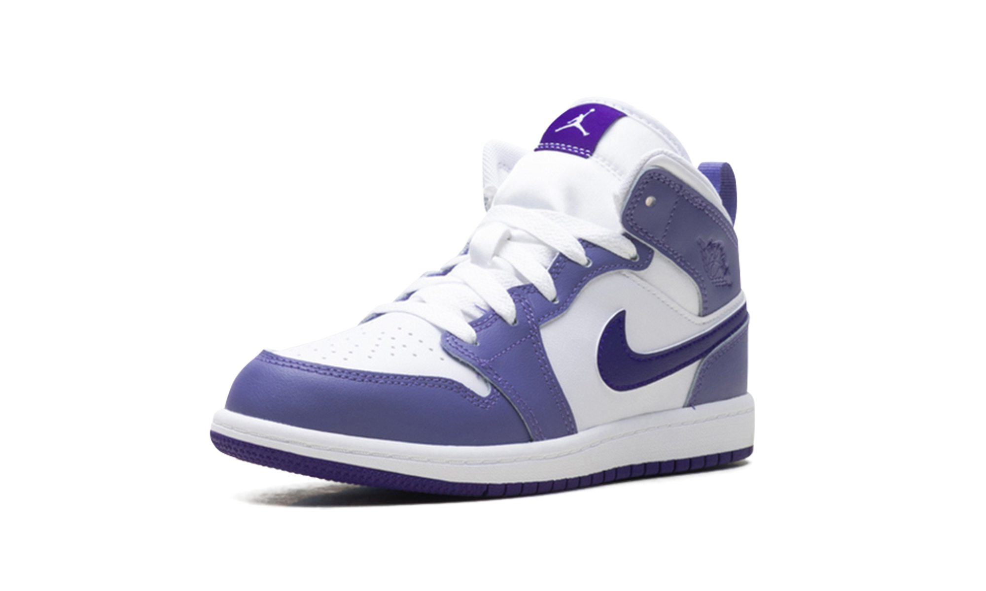 jordan 1 mid dusty amethyst white court purple ps+DQ8424-500+left diagnol single view