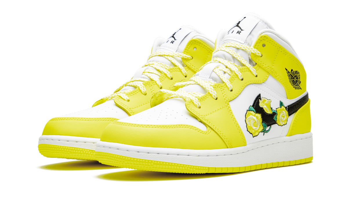 jordan 1 mid dynamic yellow floral gs+AV5174-700+diagnol left view
