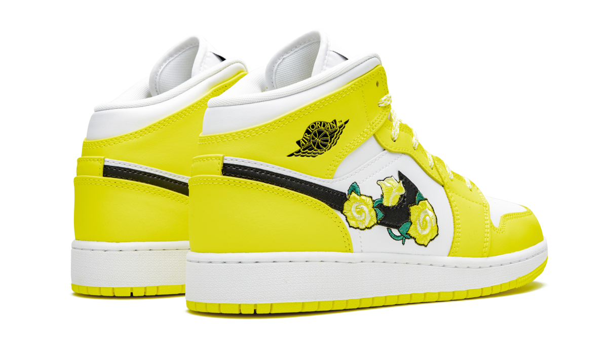 jordan 1 mid dynamic yellow floral gs+AV5174-700+diagnol right behind view