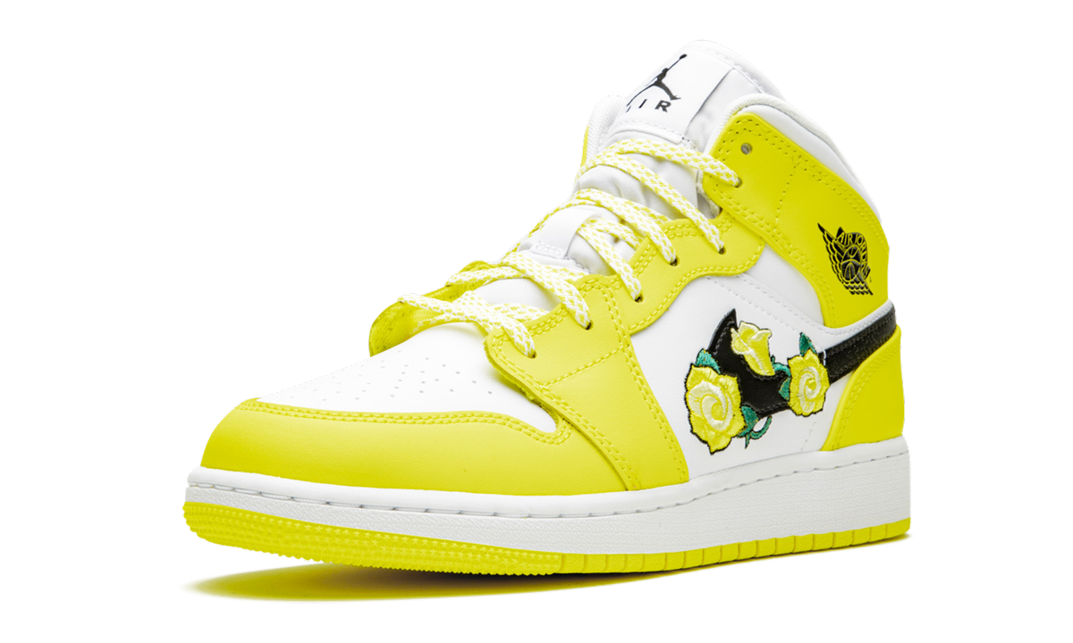 jordan 1 mid dynamic yellow floral gs+AV5174-700+left diagnol single view