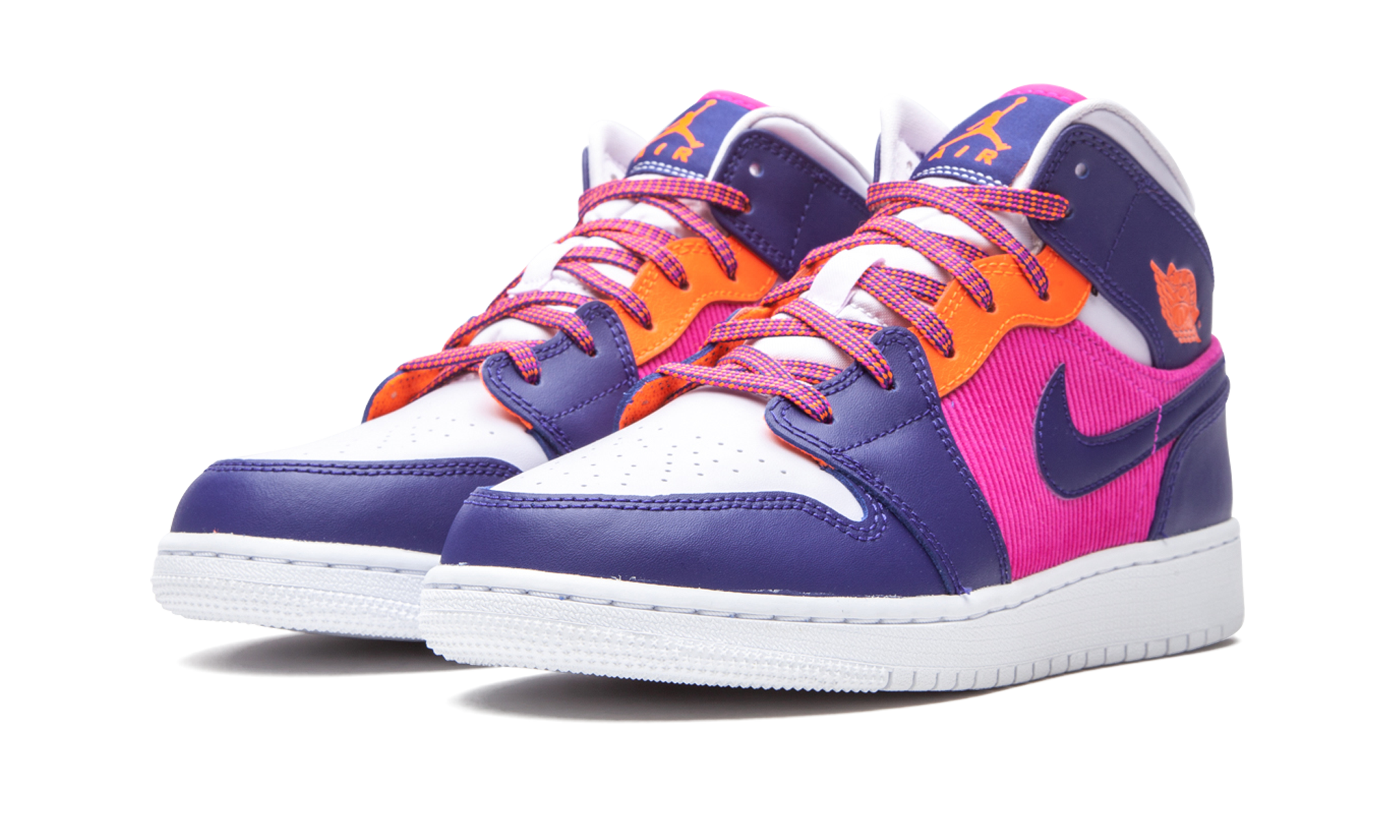 jordan 1 mid fire pink barely grape gs+555112-602+diagnol left view