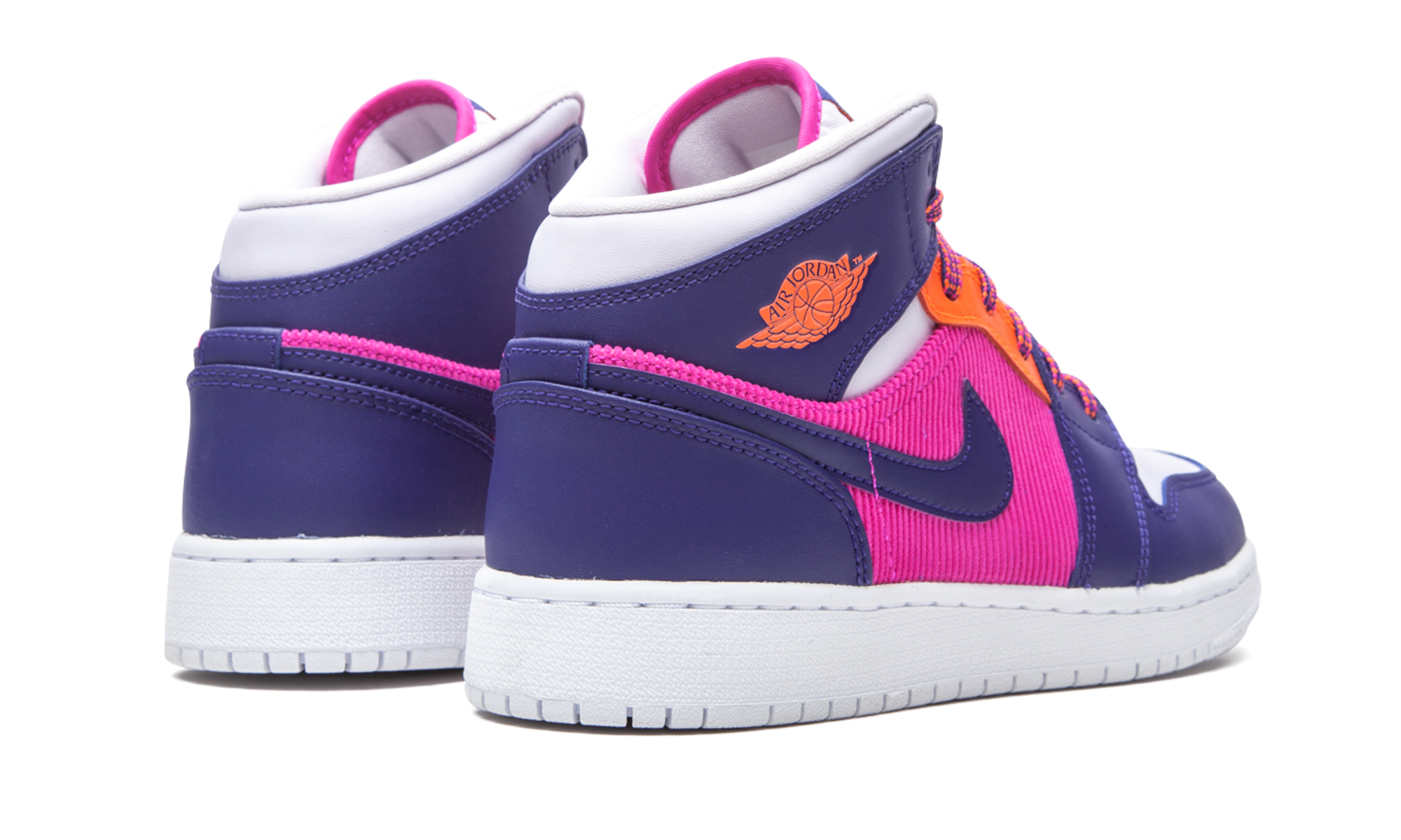 jordan 1 mid fire pink barely grape gs+555112-602+diagnol right behind view