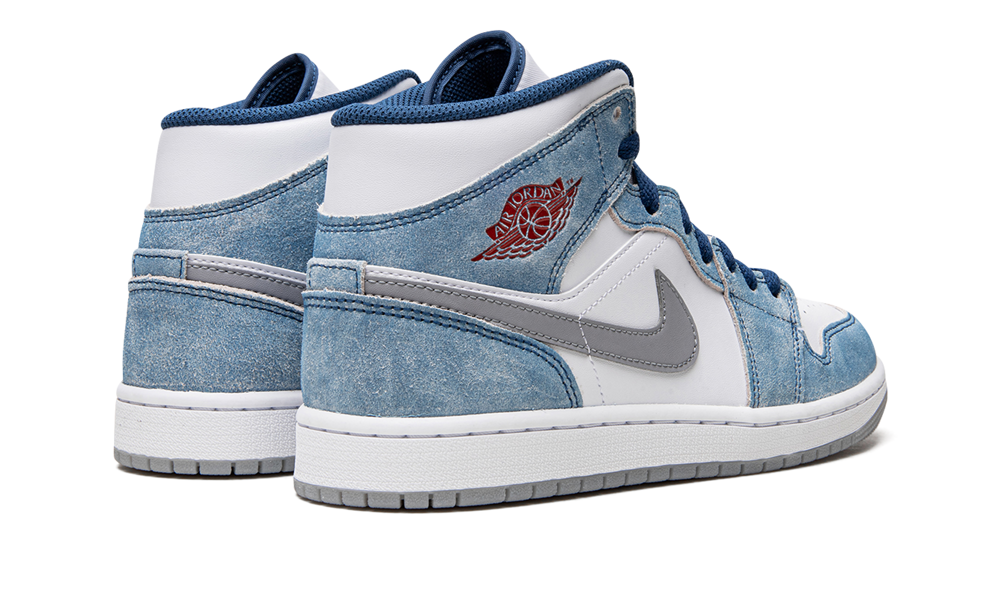 jordan 1 mid french blue fire red+DN3706-401+diagnol right behind view
