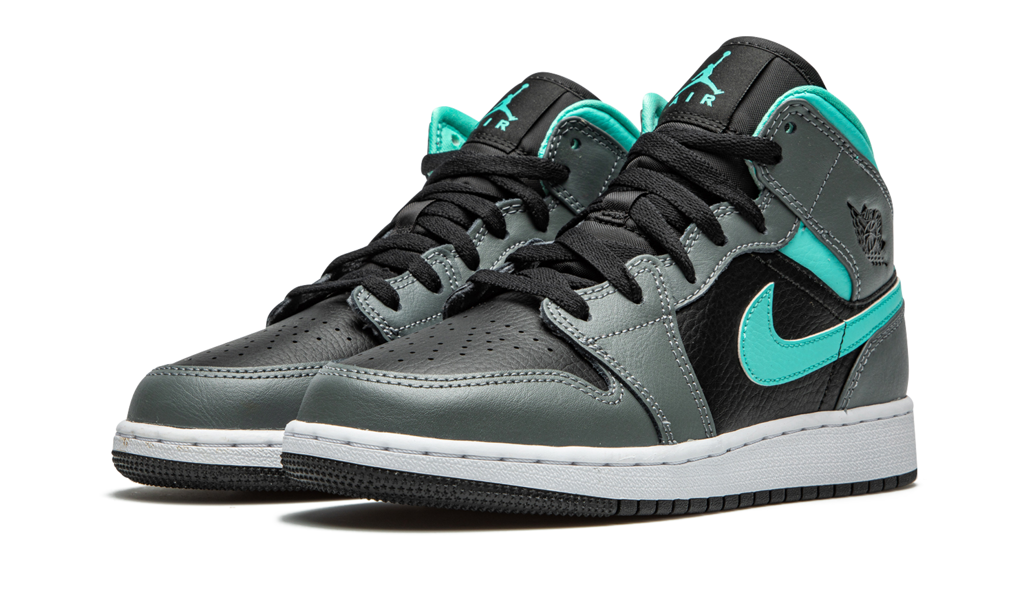 jordan 1 mid grey aqua gs+554725-063+diagnol left view