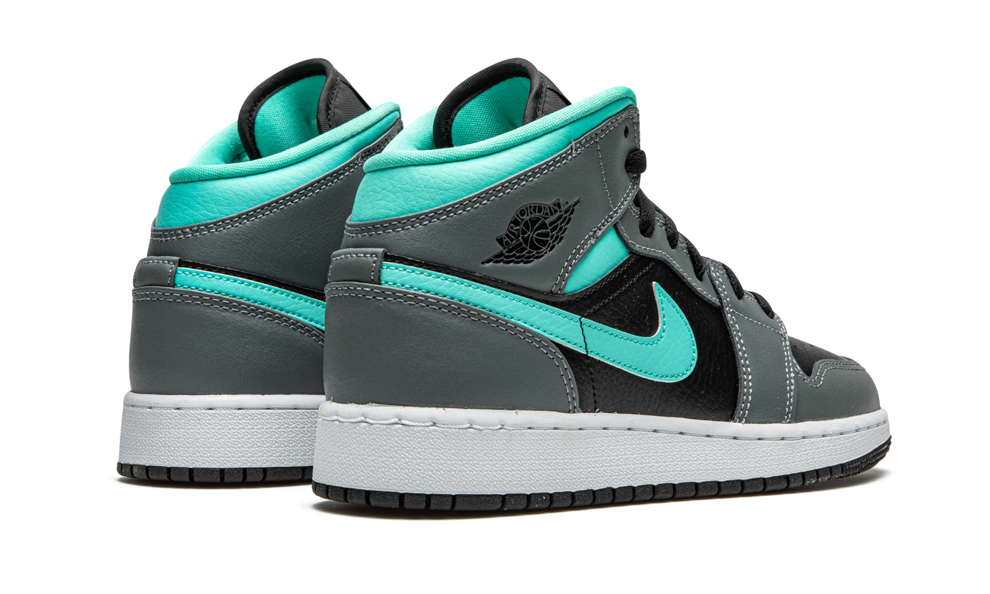 jordan 1 mid grey aqua gs+554725-063+diagnol right behind view