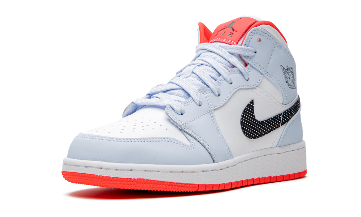 jordan 1 mid half blue polka dot swoosh gs+555112-400+left diagnol single view