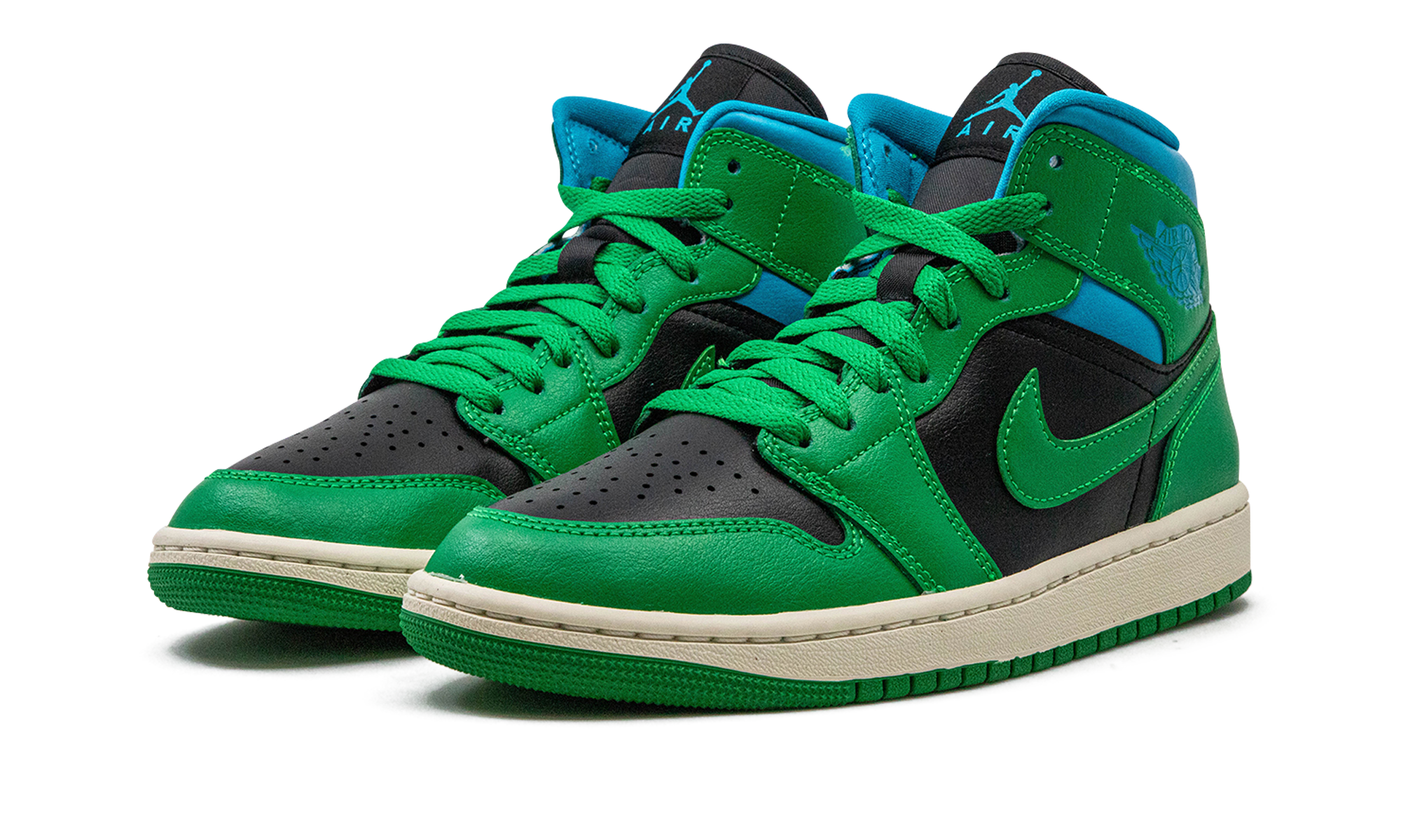 jordan 1 mid lucky green aquatone women s+BQ6472-033+diagnol right behind view