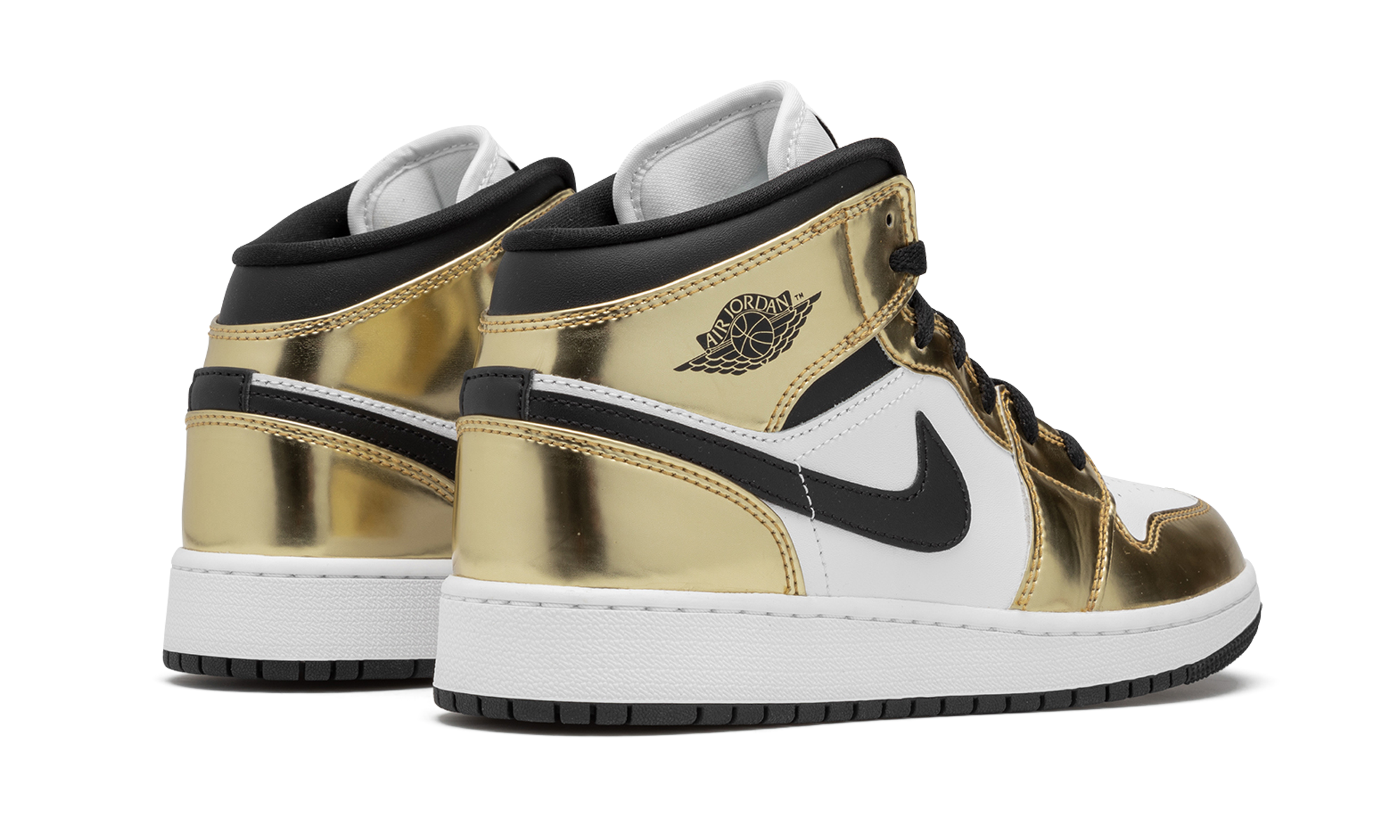jordan 1 mid metallic gold black white gs+DC1420-700+diagnol right behind view