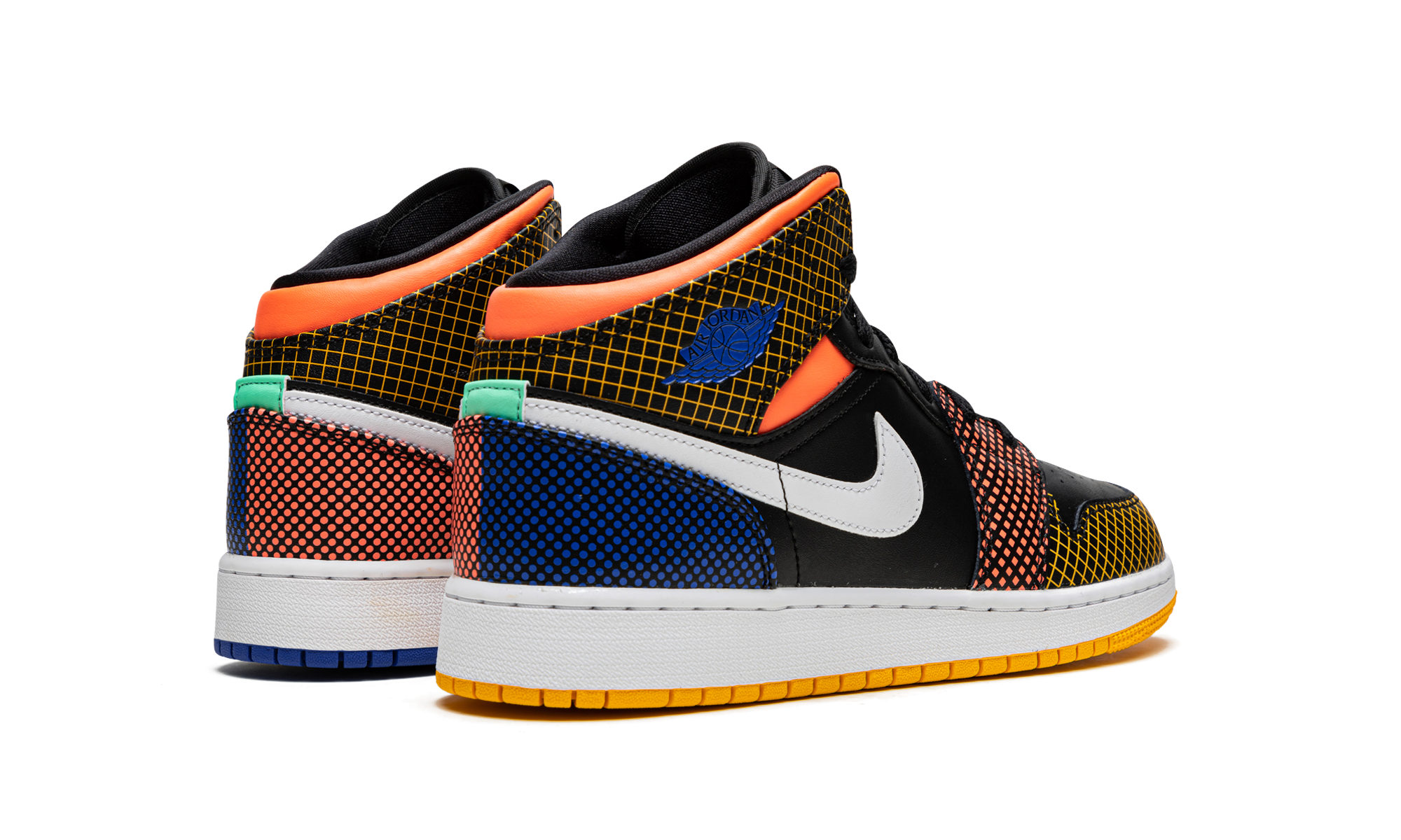 jordan 1 mid mmd multi color grid gs+DC4092-001+diagnol right behind view