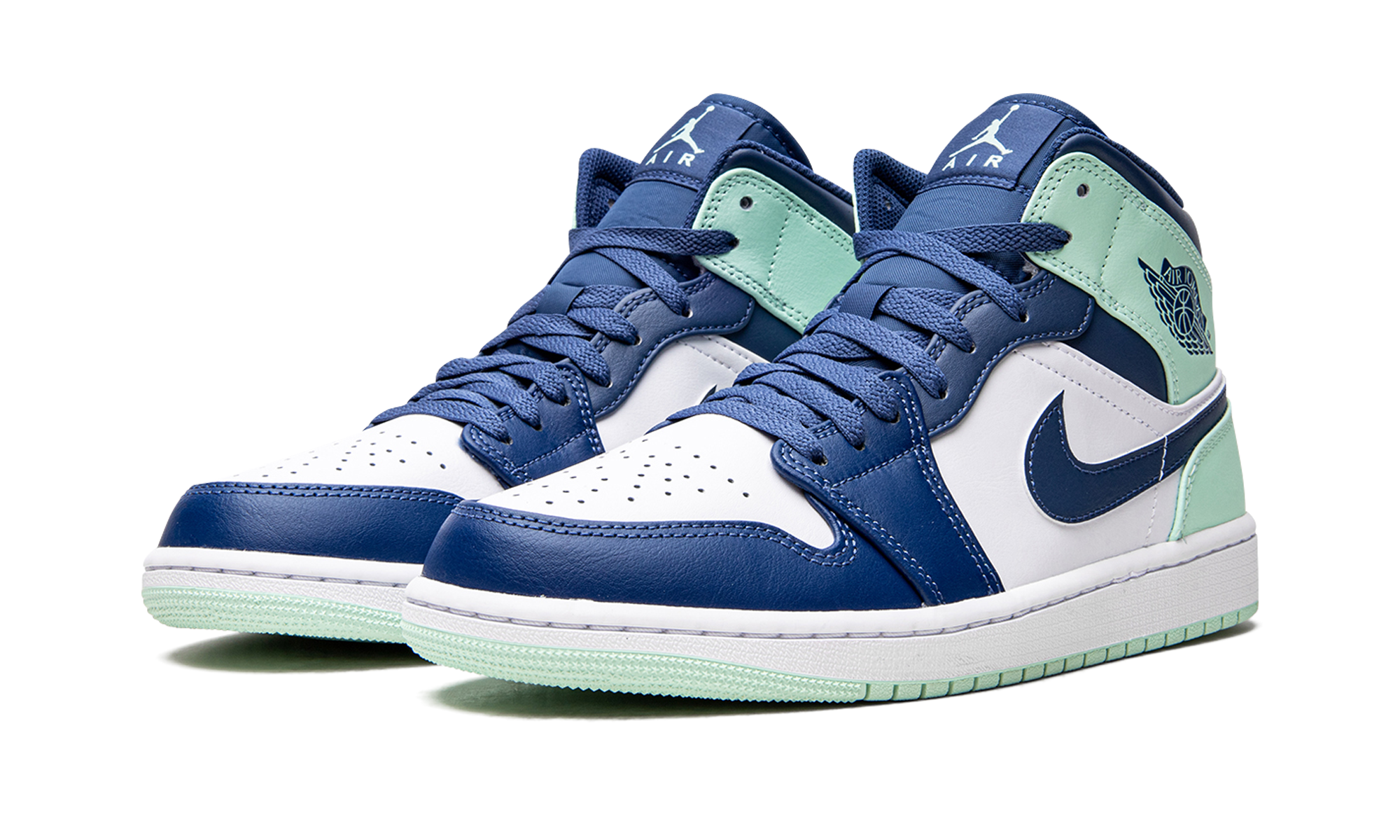 jordan 1 mid mystic navy mint foam+554724-413+diagnol left view