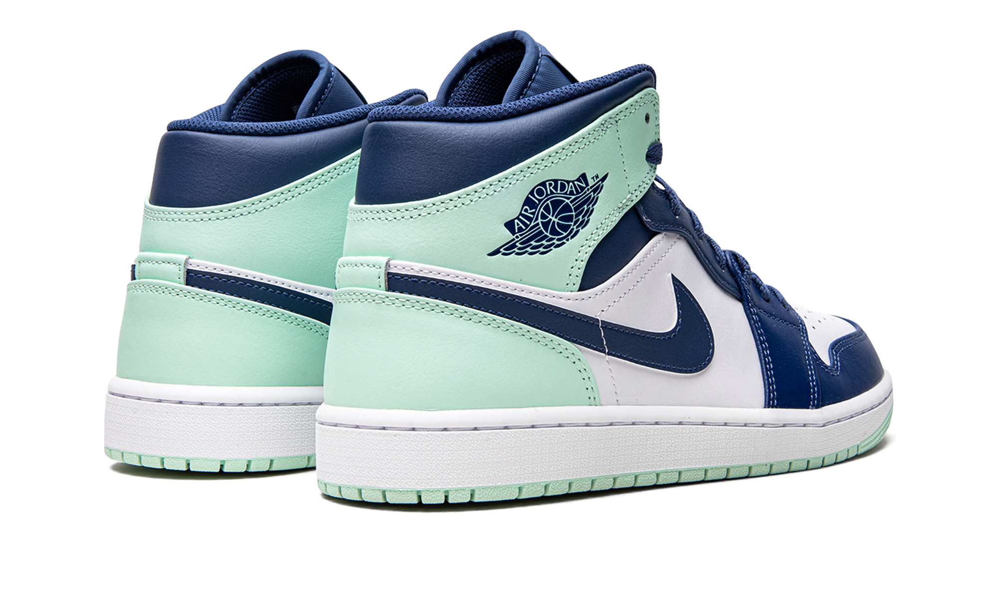 jordan 1 mid mystic navy mint foam+554724-413+diagnol right behind view