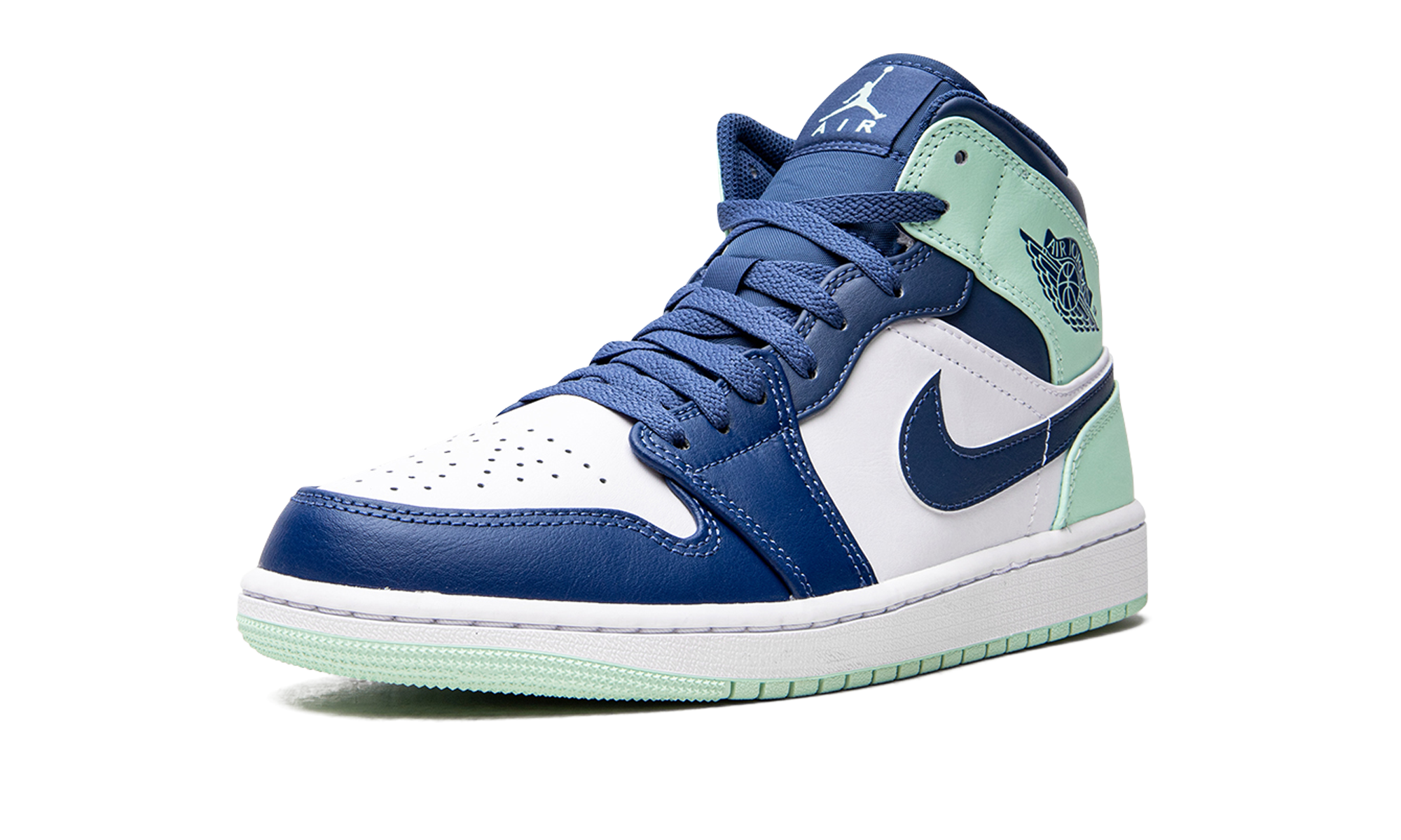 jordan 1 mid mystic navy mint foam+554724-413+left diagnol single view