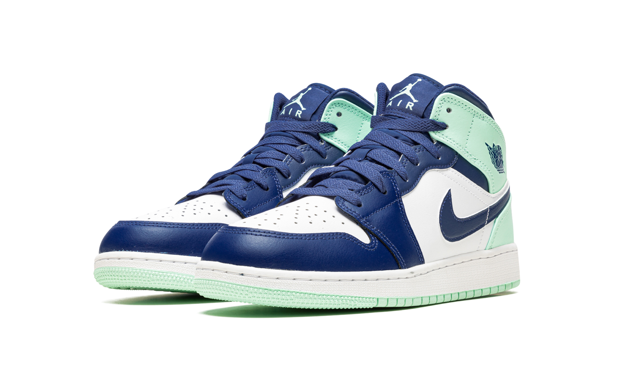 jordan 1 mid mystic navy mint foam gs+554725-413+diagnol left view