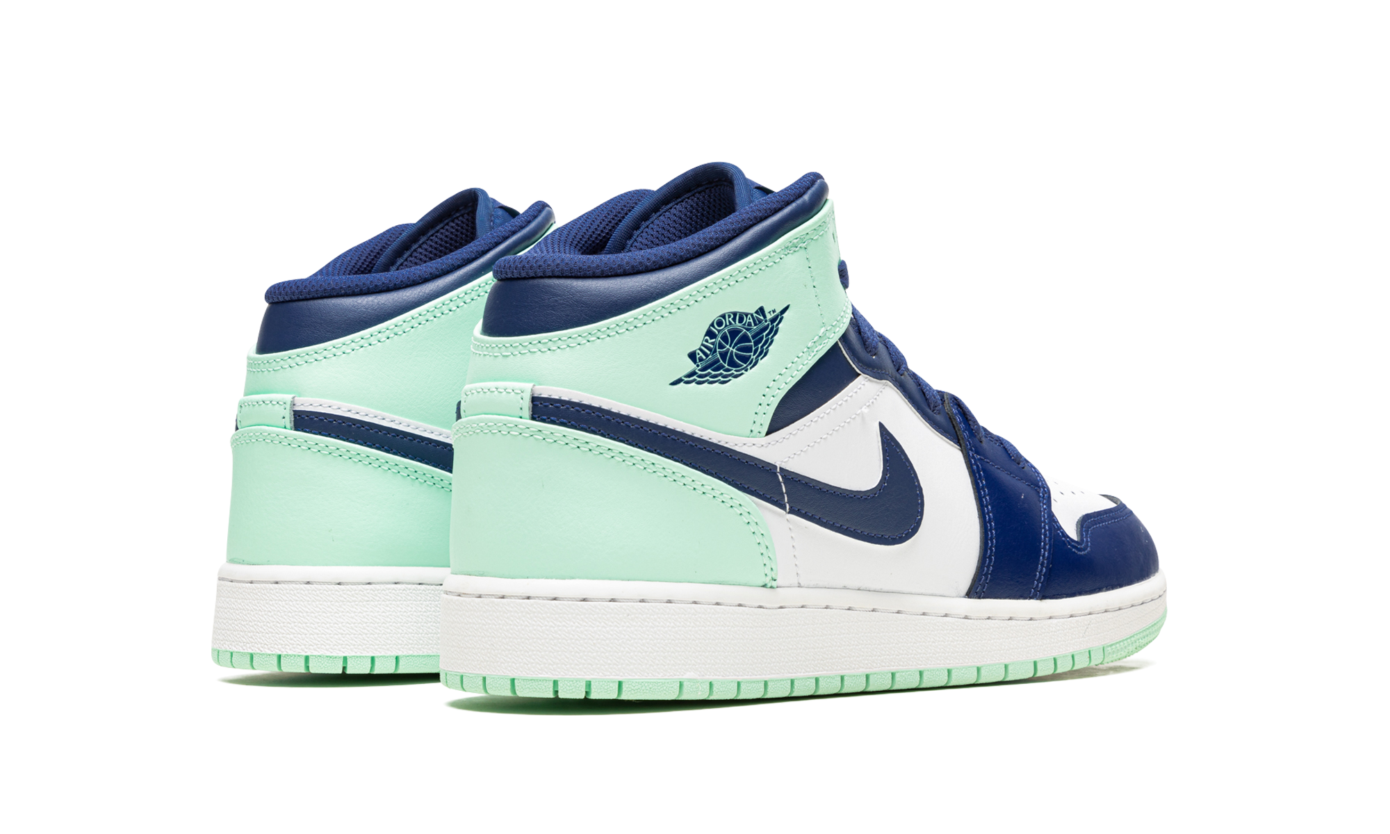 jordan 1 mid mystic navy mint foam gs+554725-413+diagnol right behind view